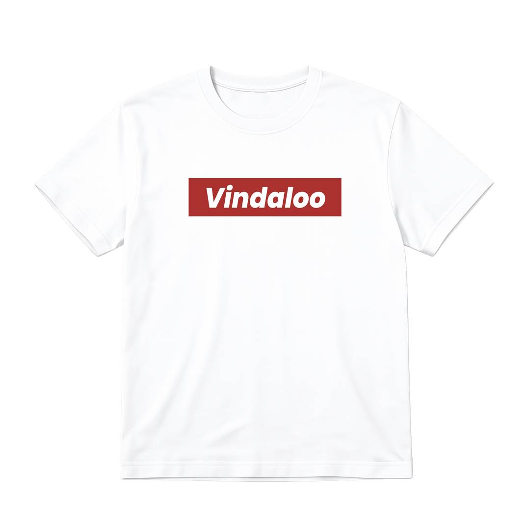 Adults “Vindaloo” Regular Tee | Adults Football Supporter Tee | White Slogan Top with Red Box Design