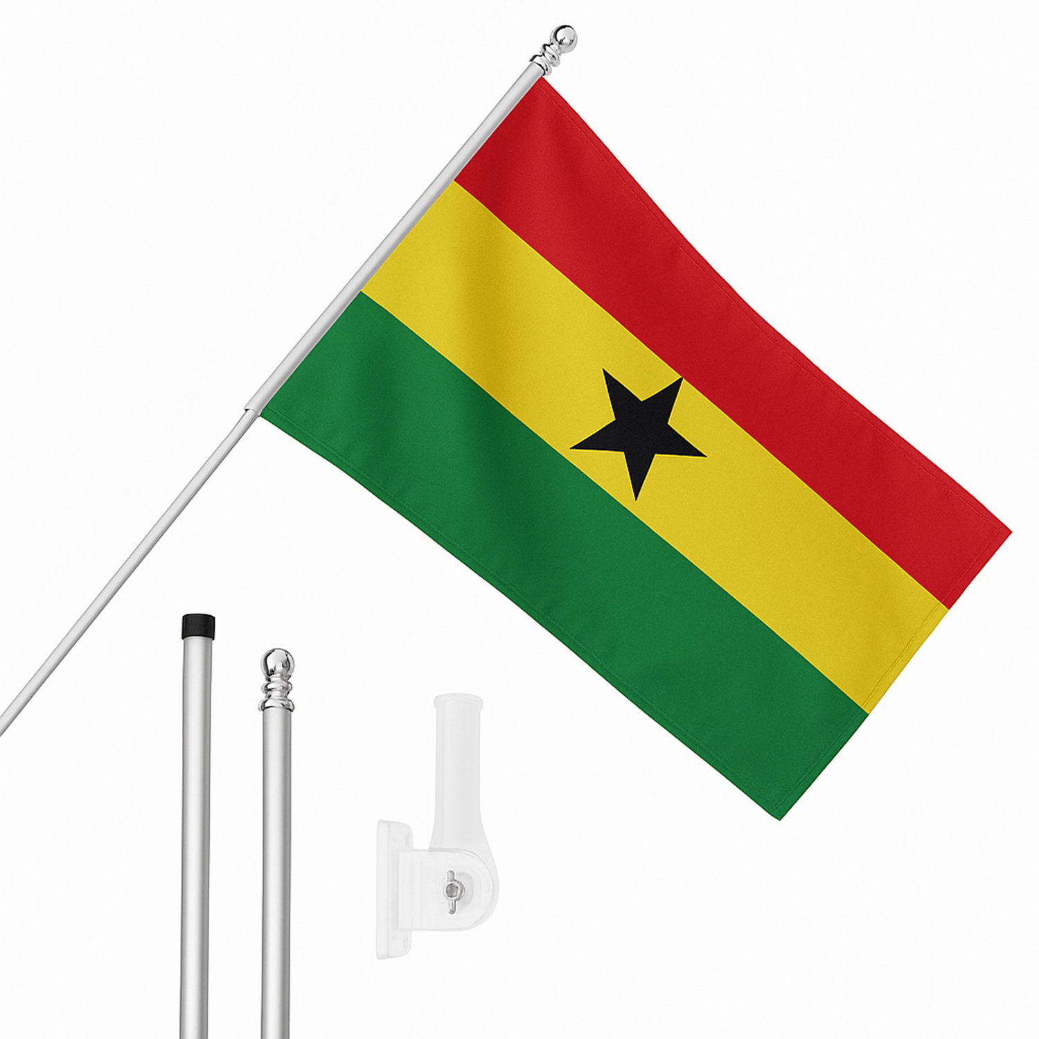 Large 5ft X 3ft Ghana Flag with 6ft Pole & Wall Bracket