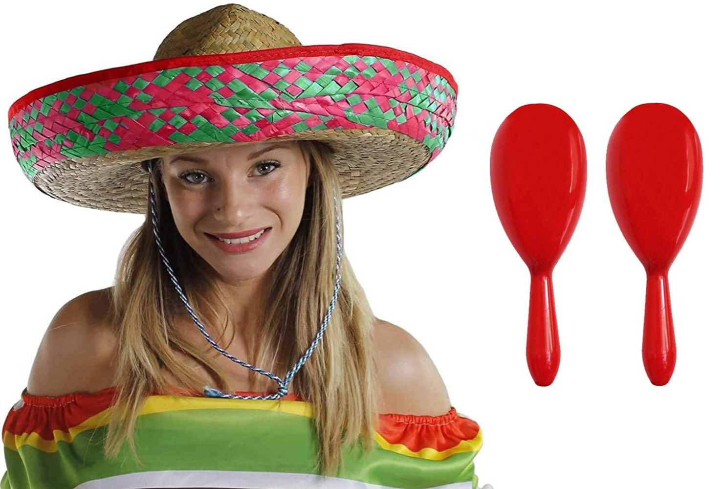 Red Mexican Sombrero Straw Hat with Red Maracas
