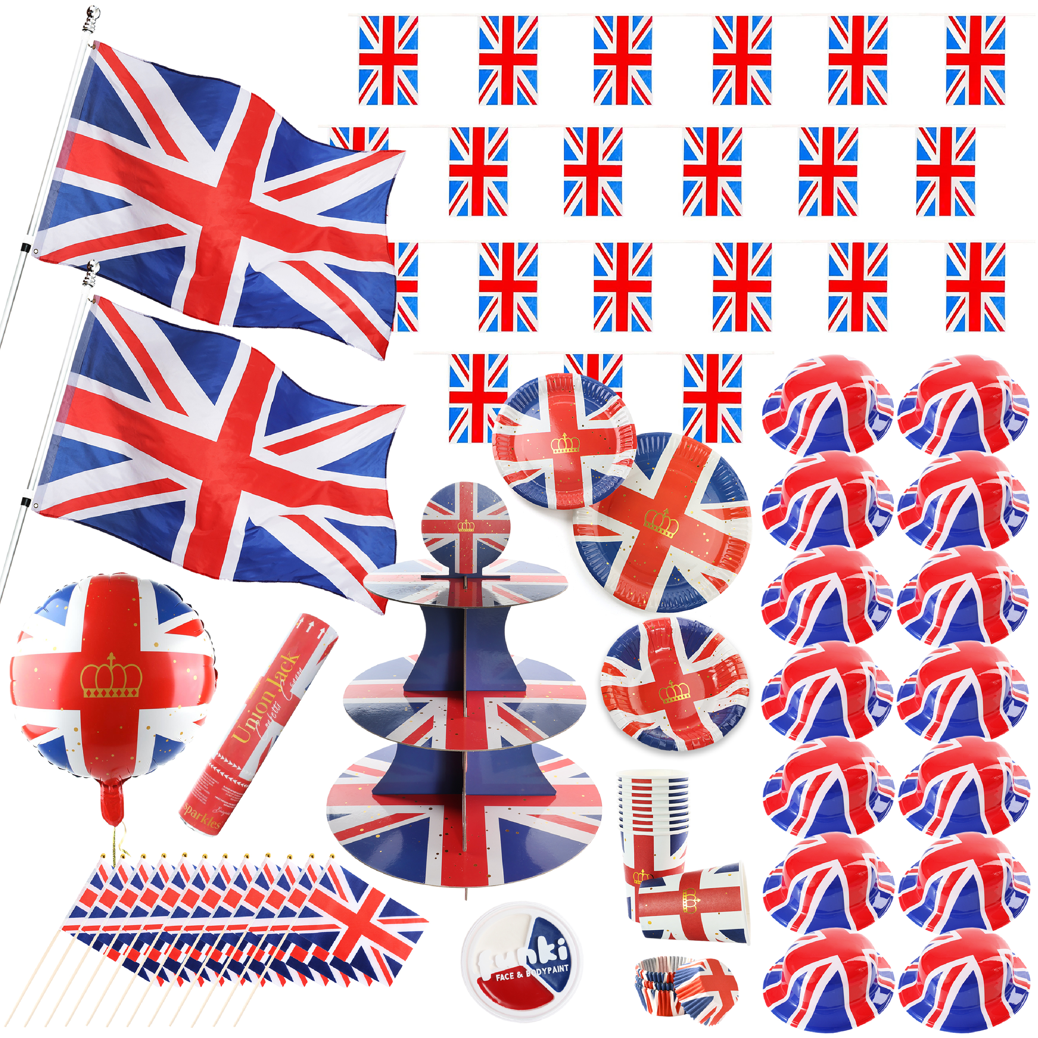 Union Jack Mega Celebration Bundle – Flags, Tableware, Bunting, Hats, Face Paint & Party Cannon for British Events