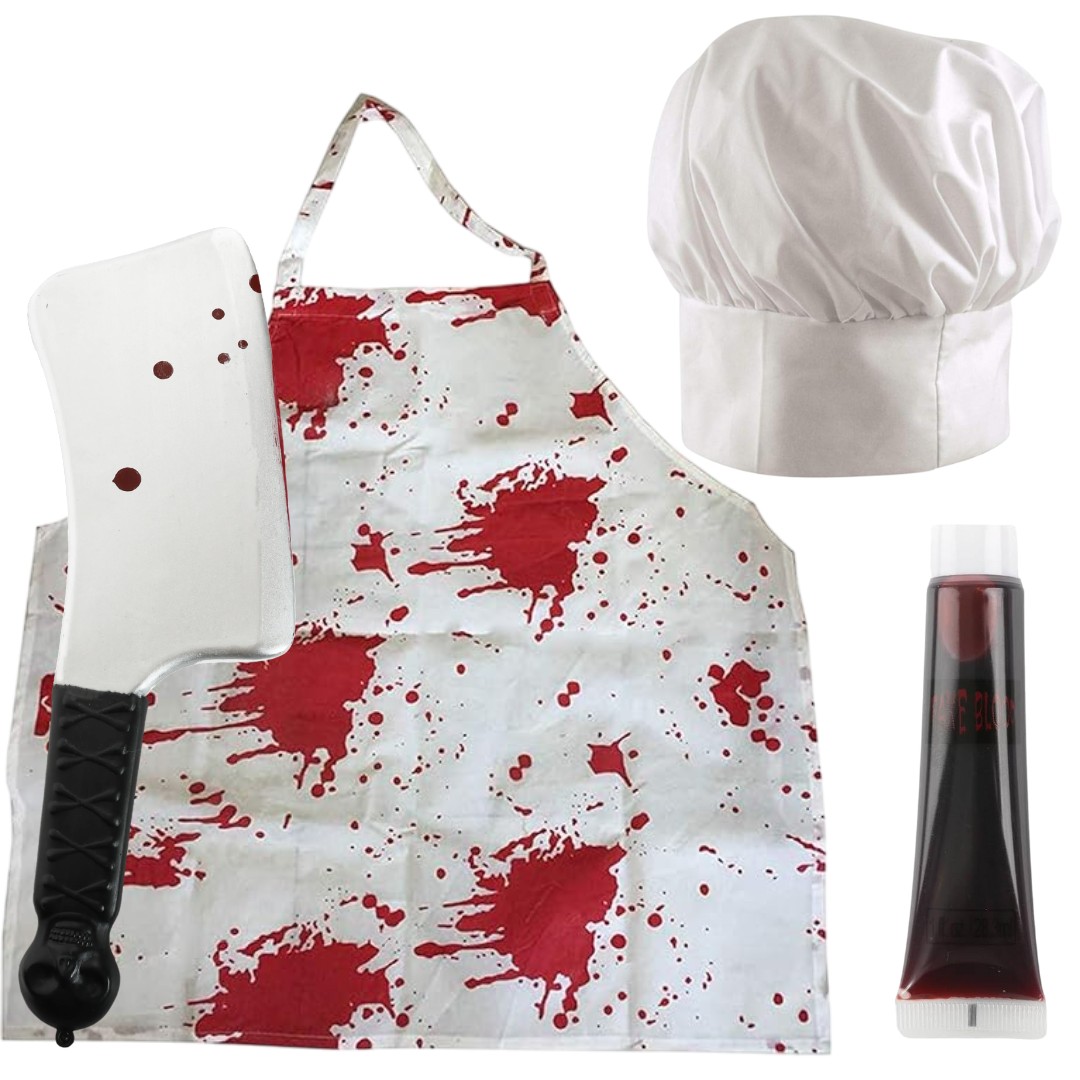 Adults Halloween Chef Costume | 4 Pcs | Bloody Apron, Chef Hat, Cleaver & Fake Blood