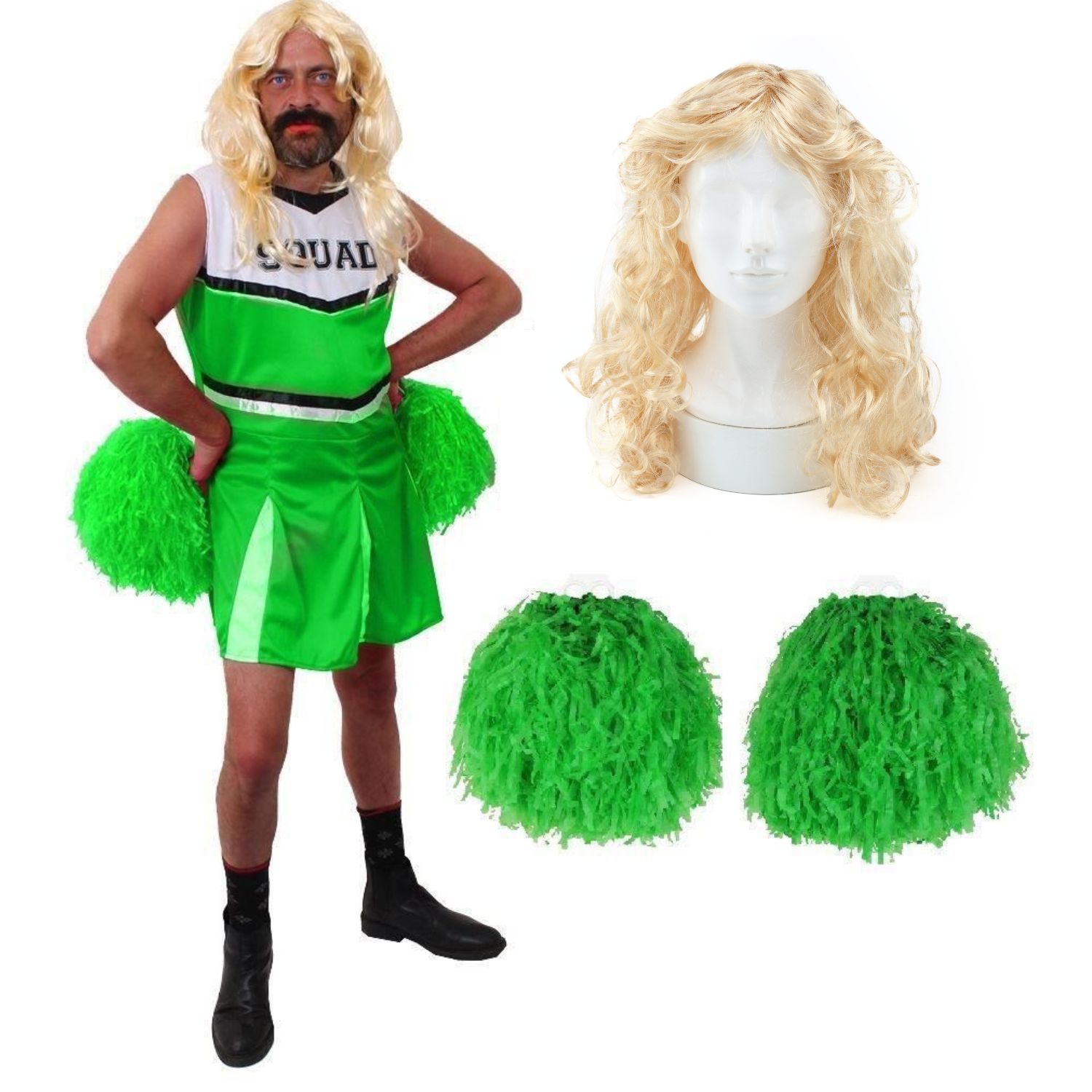Mens Green Cheerleader Stag Do Costume with Wig & Pom Poms