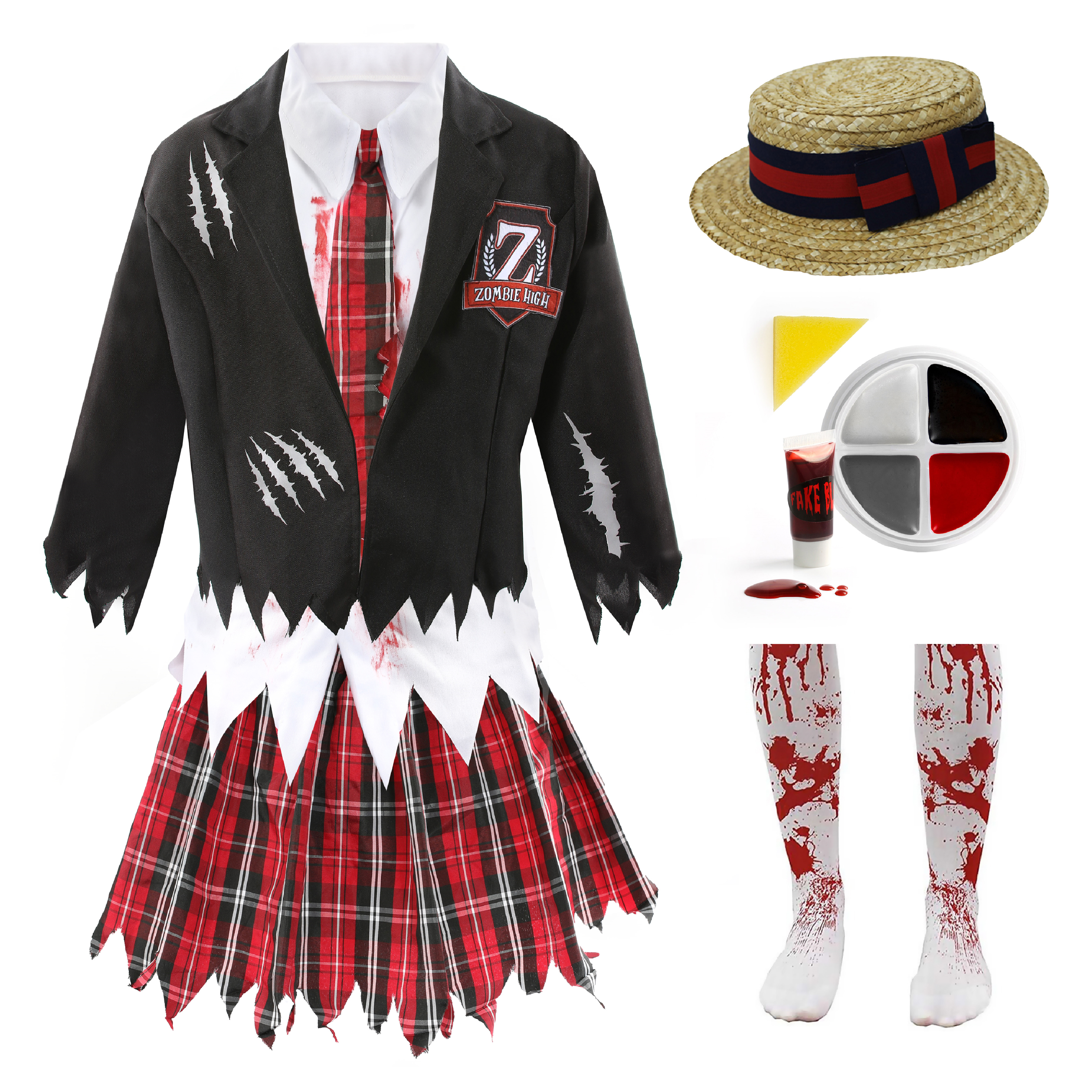 Girls Zombie Schoolgirl Halloween Costume With Bloody Tights, Facepaint, Blood & Boater