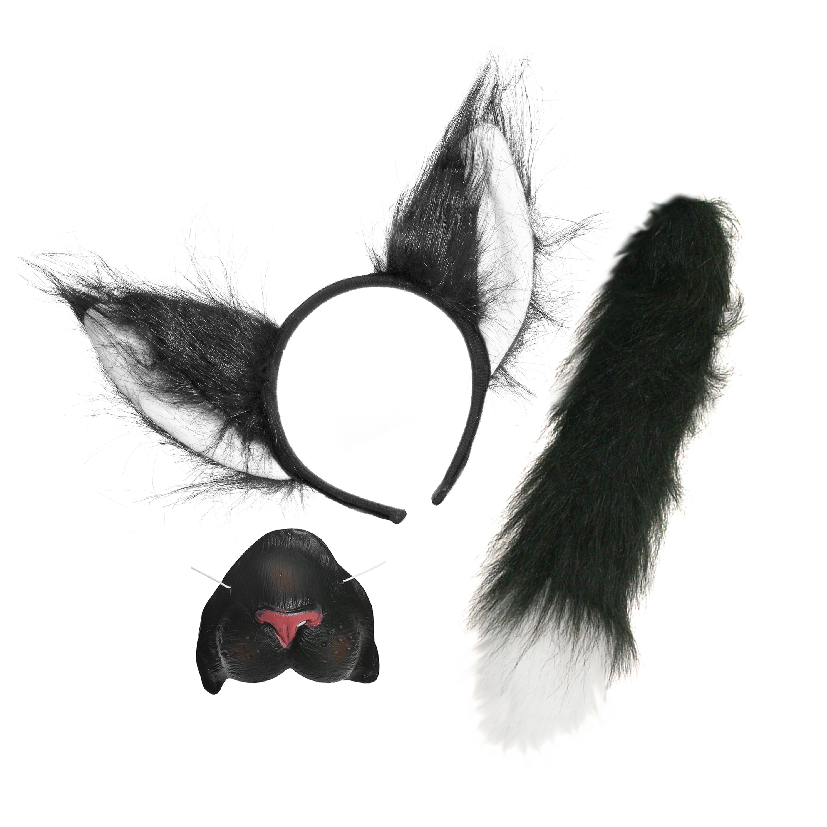 Black Cat Set Ears on Headband + Nose + Deluxe Tail