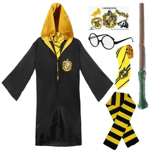 Kids Harry Potter Costume | 6 Pcs | Hufflepuff Cloak, Tie, Tattoos, Wand, Glasses & Scarf