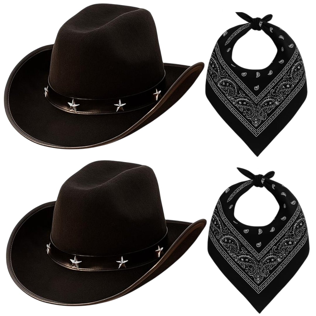 Adults Black Star Studded Cowboy Hats with Black Paisley Bandanas | Western Fancy Dress Accessory Set