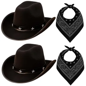 Adults Black Star Studded Cowboy Hats with Black Paisley Bandanas | Western Fancy Dress Accessory Set