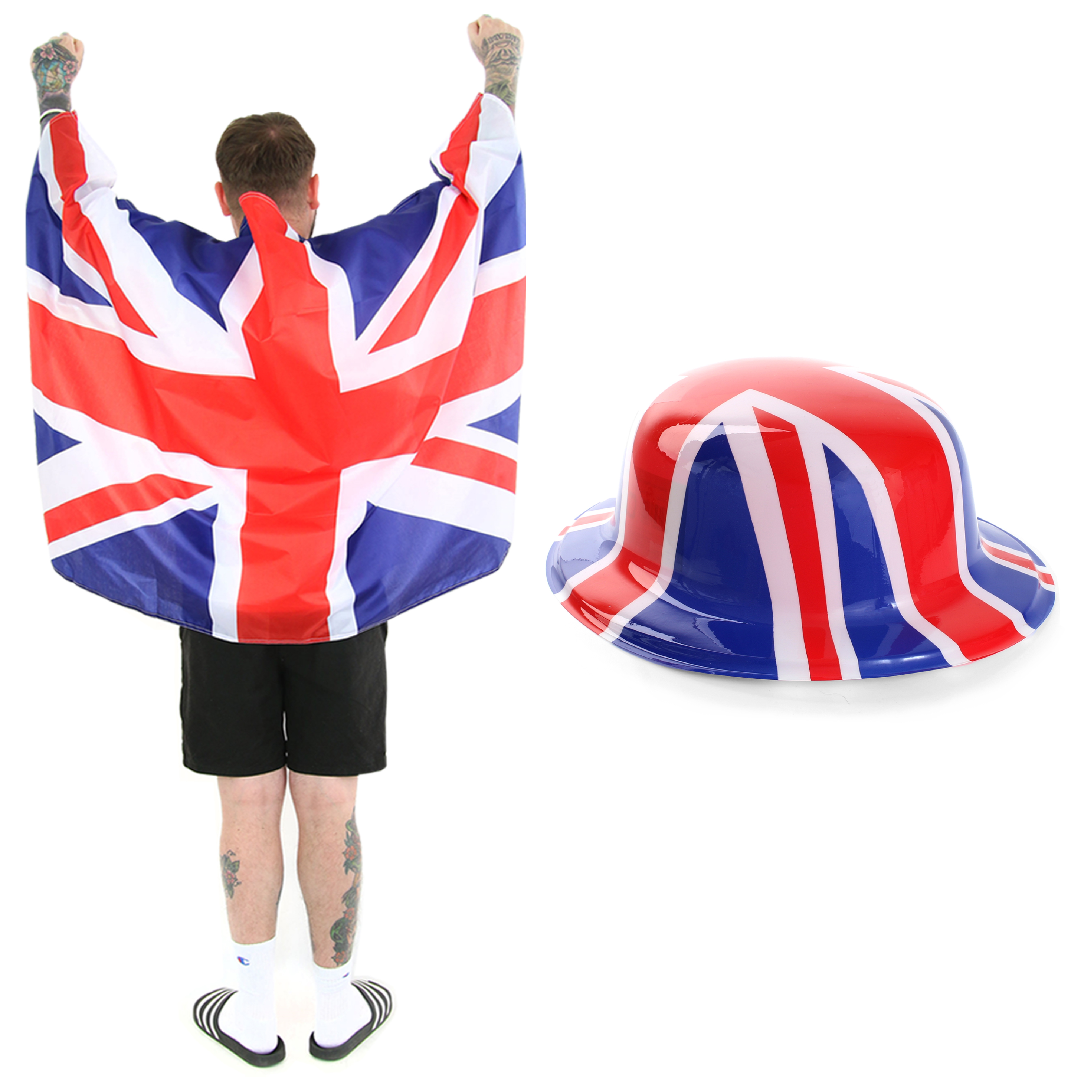 Wearable Union Jack Flag Cape & Union Jack Bowler Hat