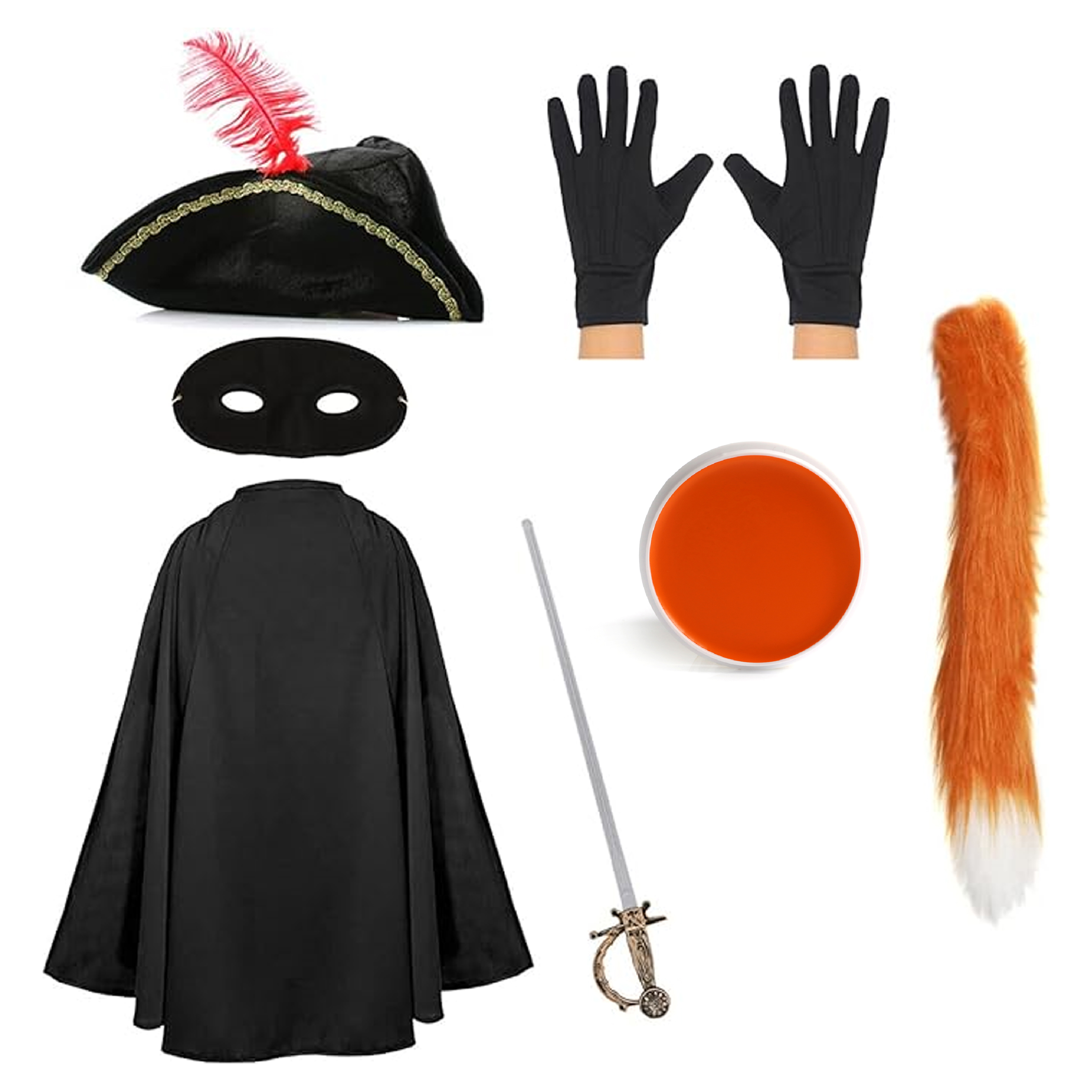 Child's Deluxe Cat Bandit Costume | 7 Pcs | Cape, Hat, Black Mask, Belt, Gloves, Sword, Thin Tail & Orange Face Paint
