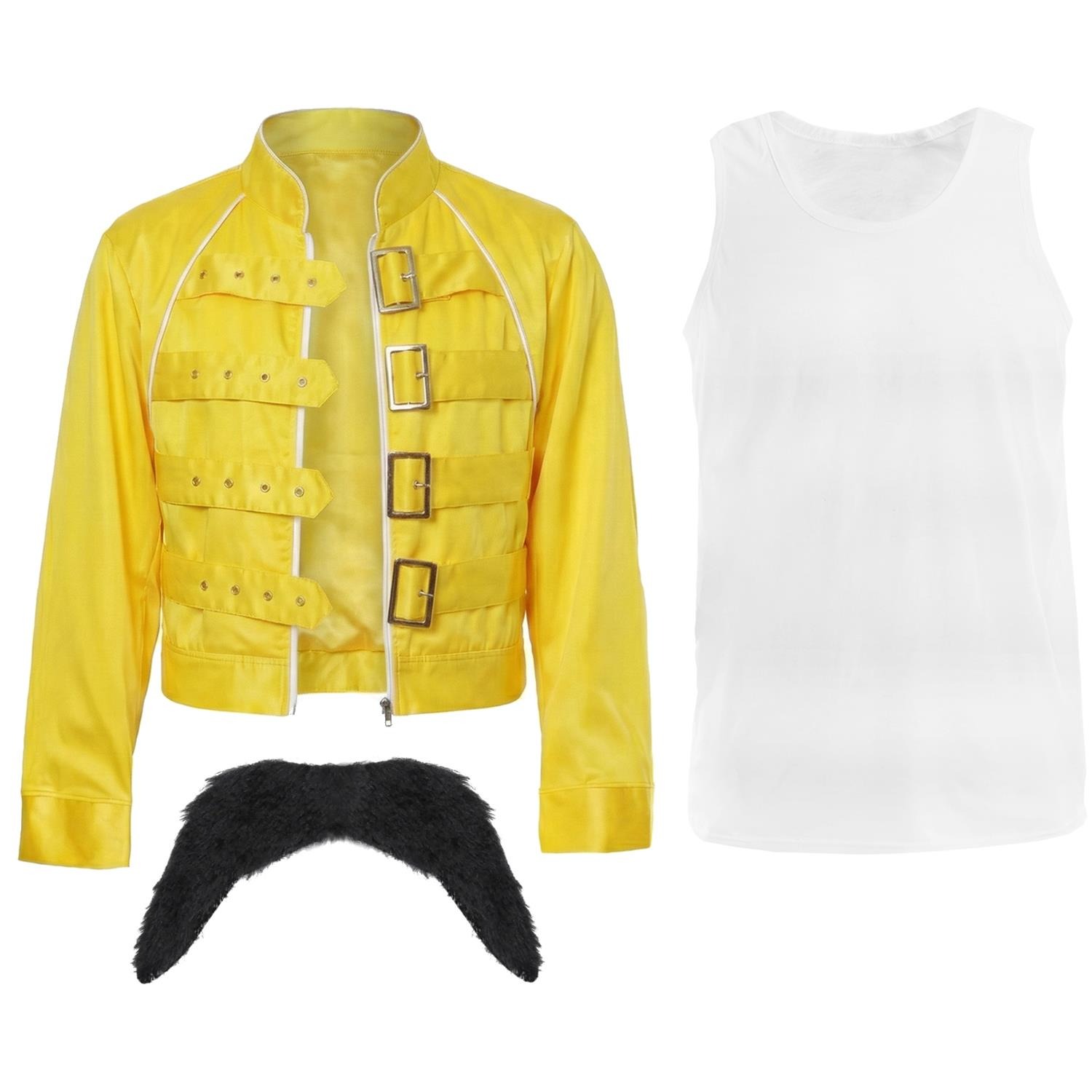 Adults 80's Rock Star Costume | 3 Pcs | Yellow Jacket, Vest & Tash