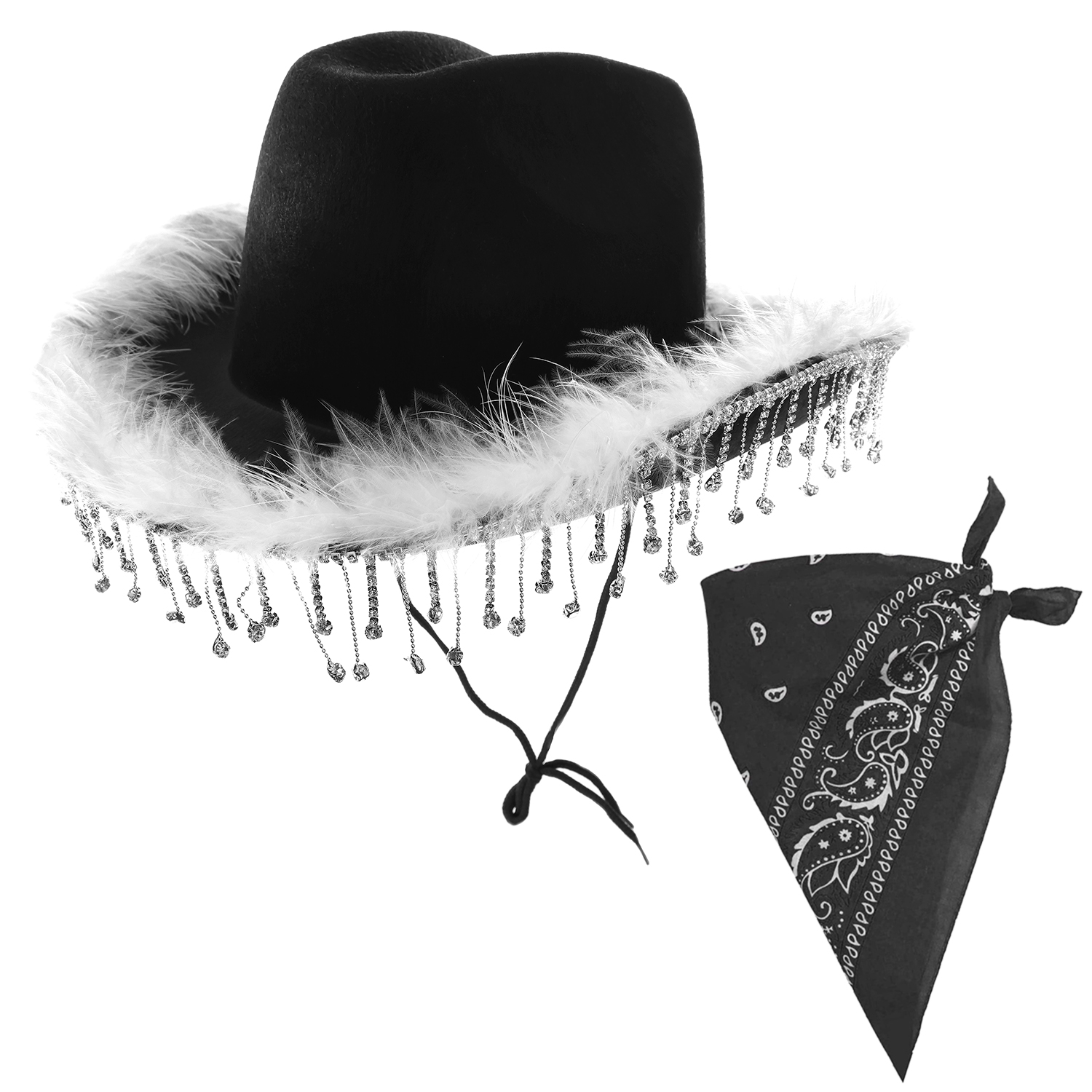 Black Cowboy Hat with Diamantes & Marabou Trim + Bandana