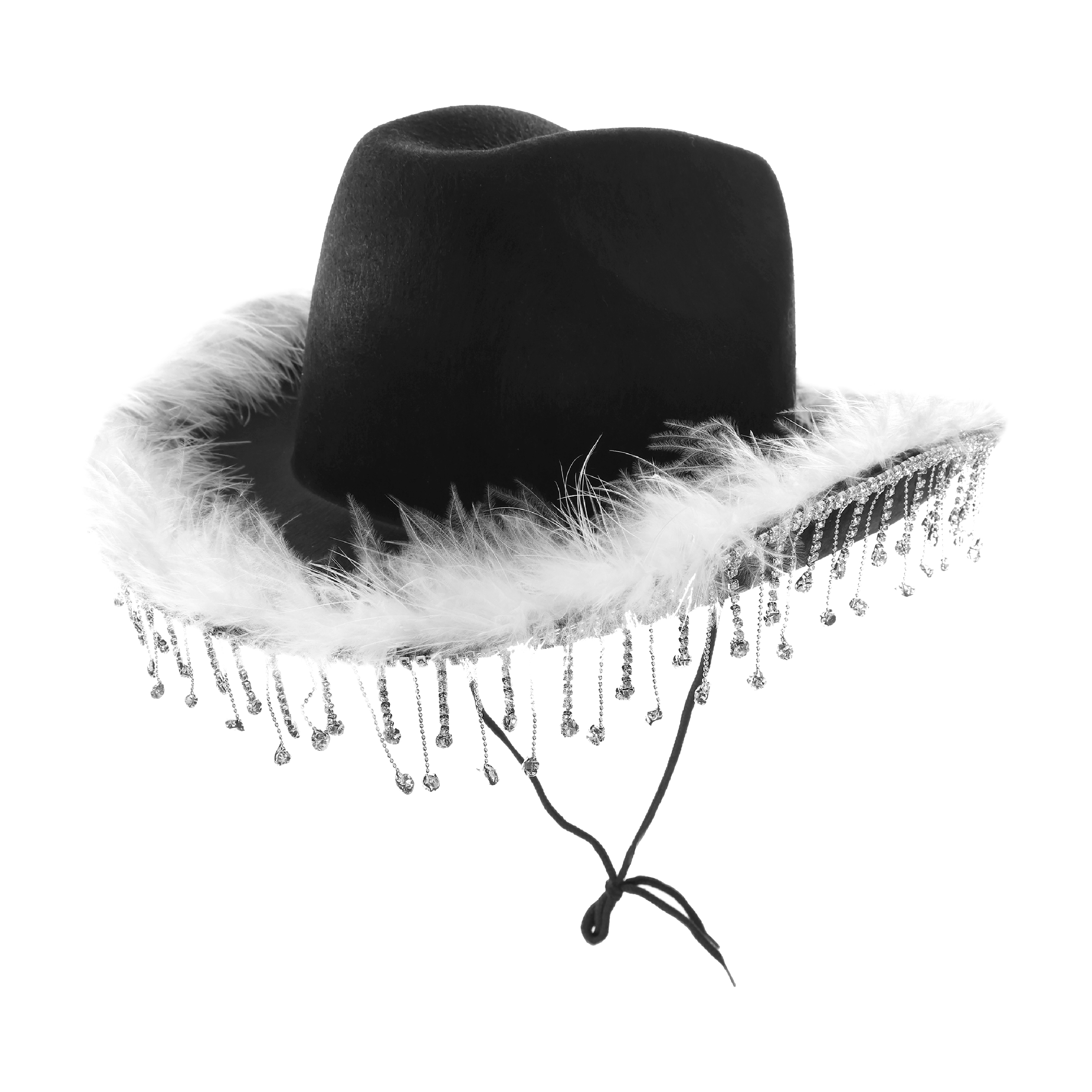 Black Cowboy Hat with Diamantes & Marabou Trim