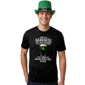 Adults Funny St Patricks Day Costume | Top Hat & T-Shirt “Hello Darkness My Old Friend I've Come to Drink with You Again” | Black Tee with White Print