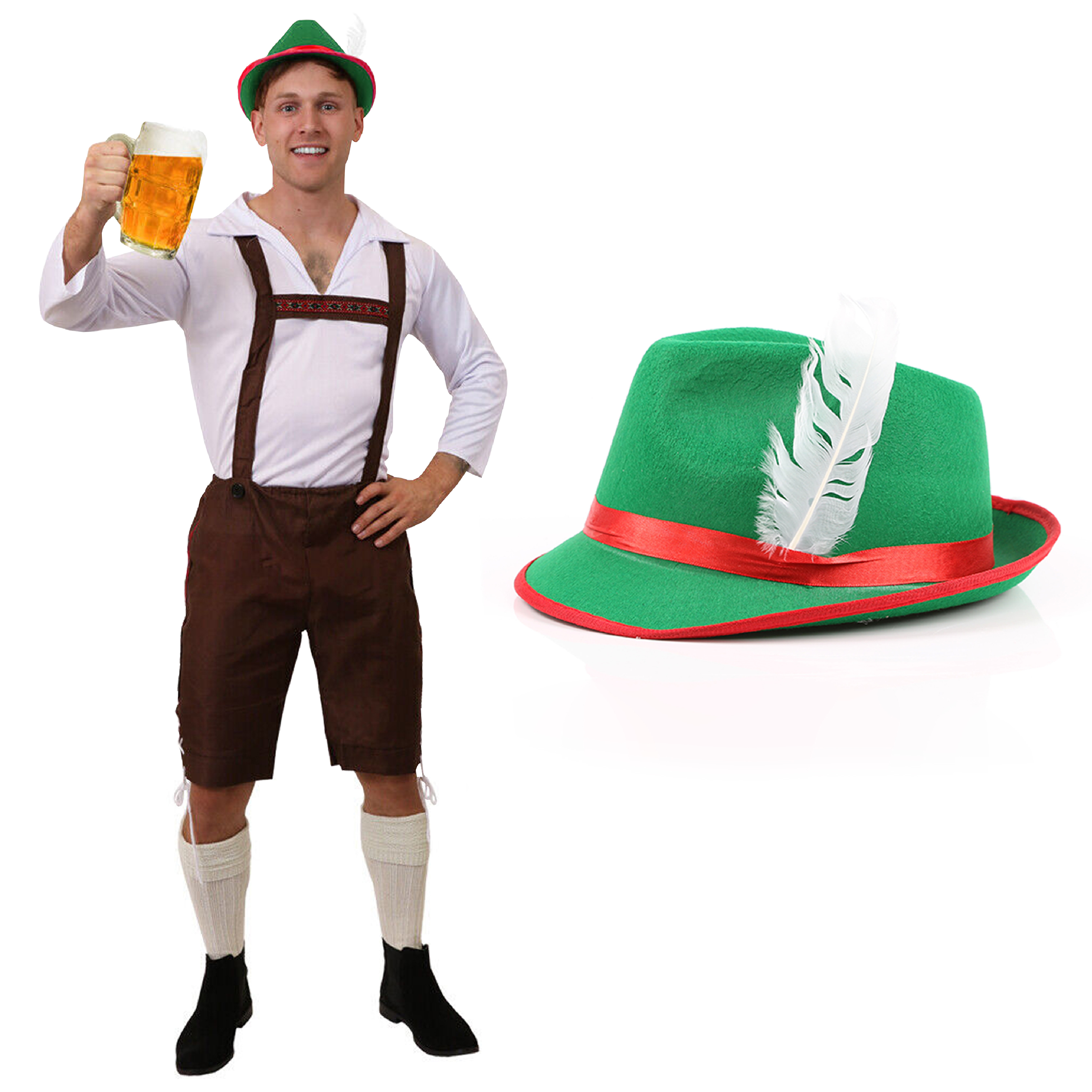 Mens Brown Bavarian Costume - with Green Hat