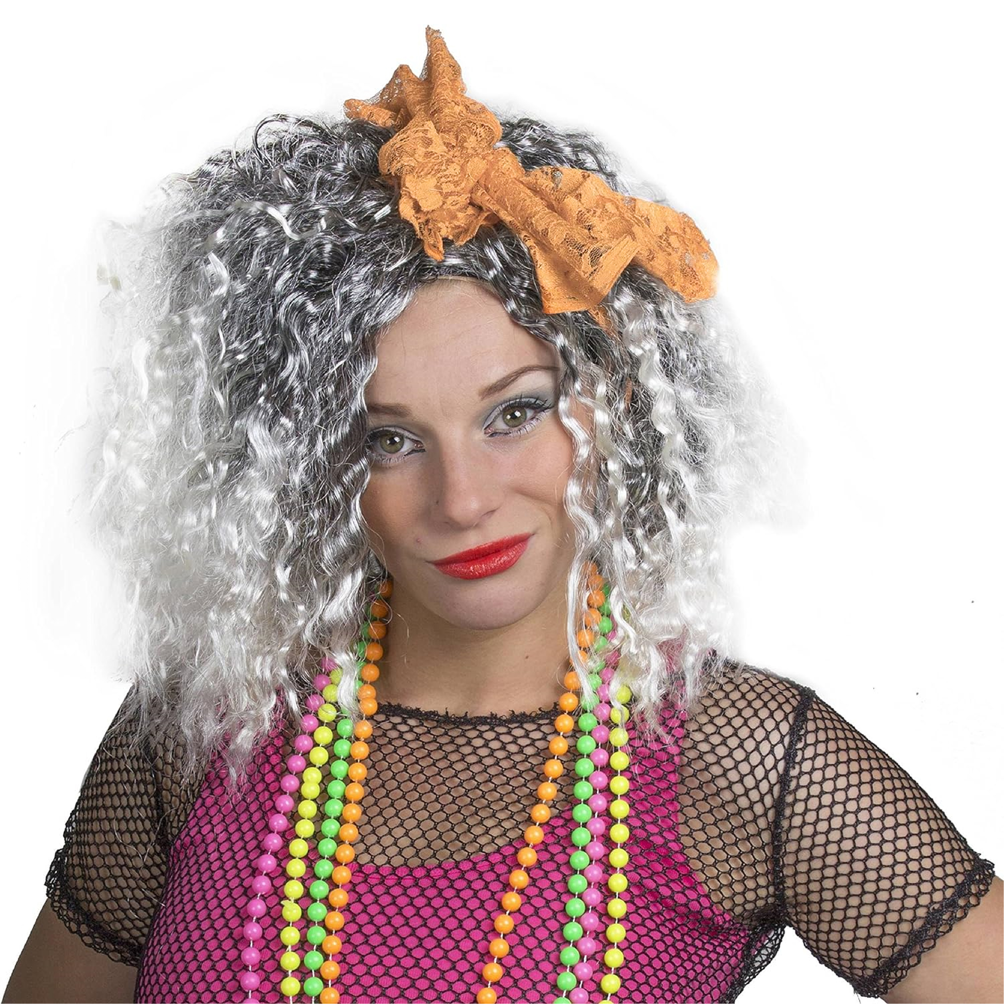 Ladies 80s Pop Diva Wig with Orange Bow