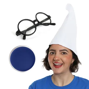 White Gnome Hat, Blue Face Paint & Glasses- Blue Gnome Fancy Dress