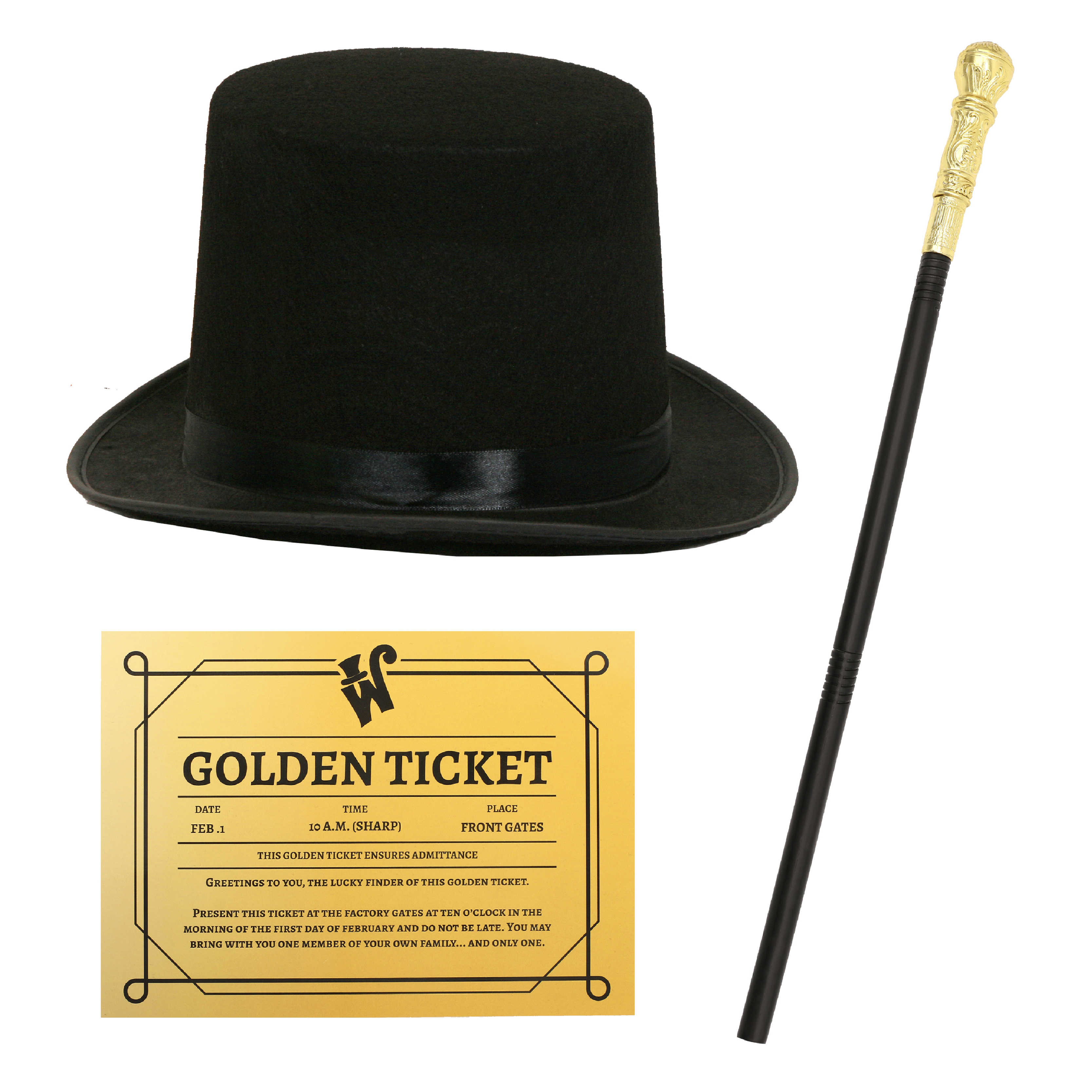 Chocolate Factory Boss Set - Top Hat, Cane & Golden Ticket