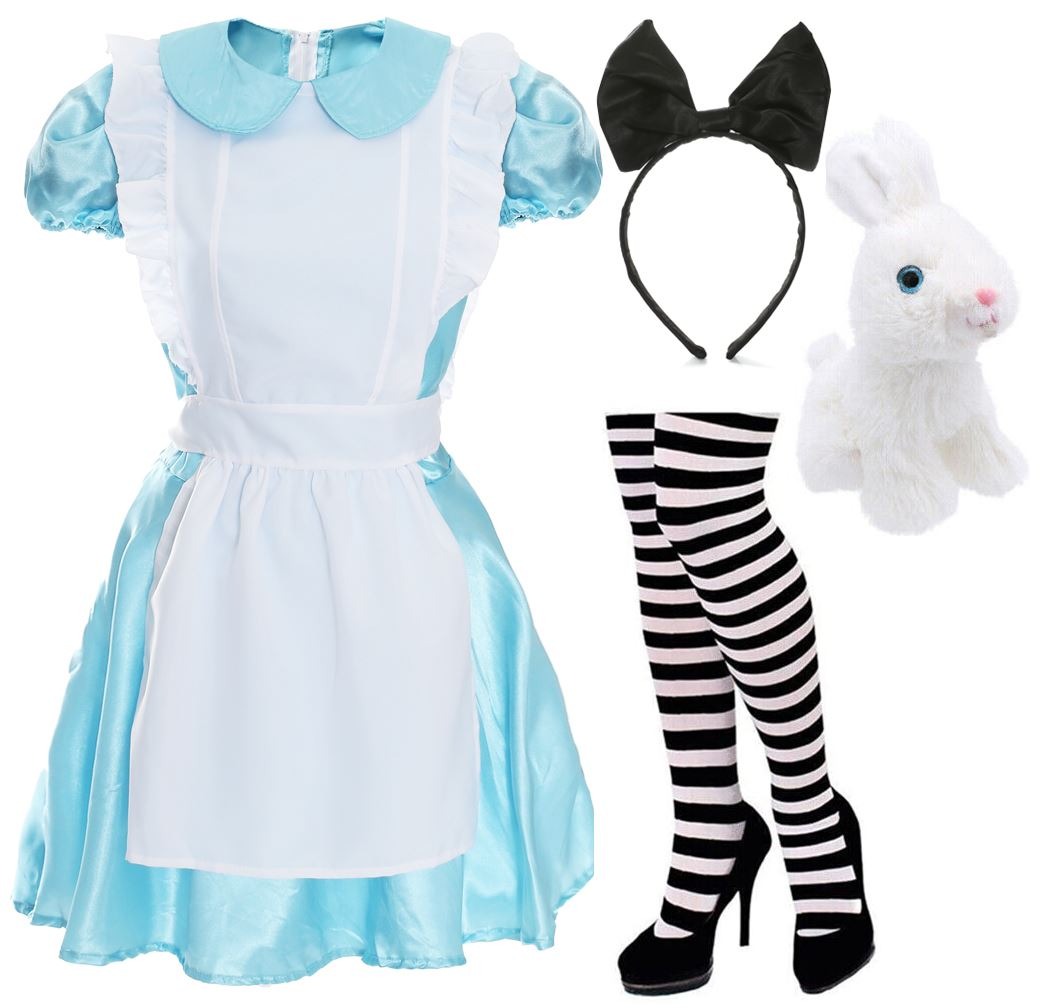 Ladies Alice Costume | 4 Pcs | Dress, Headband, Stripey Tights & Rabbit