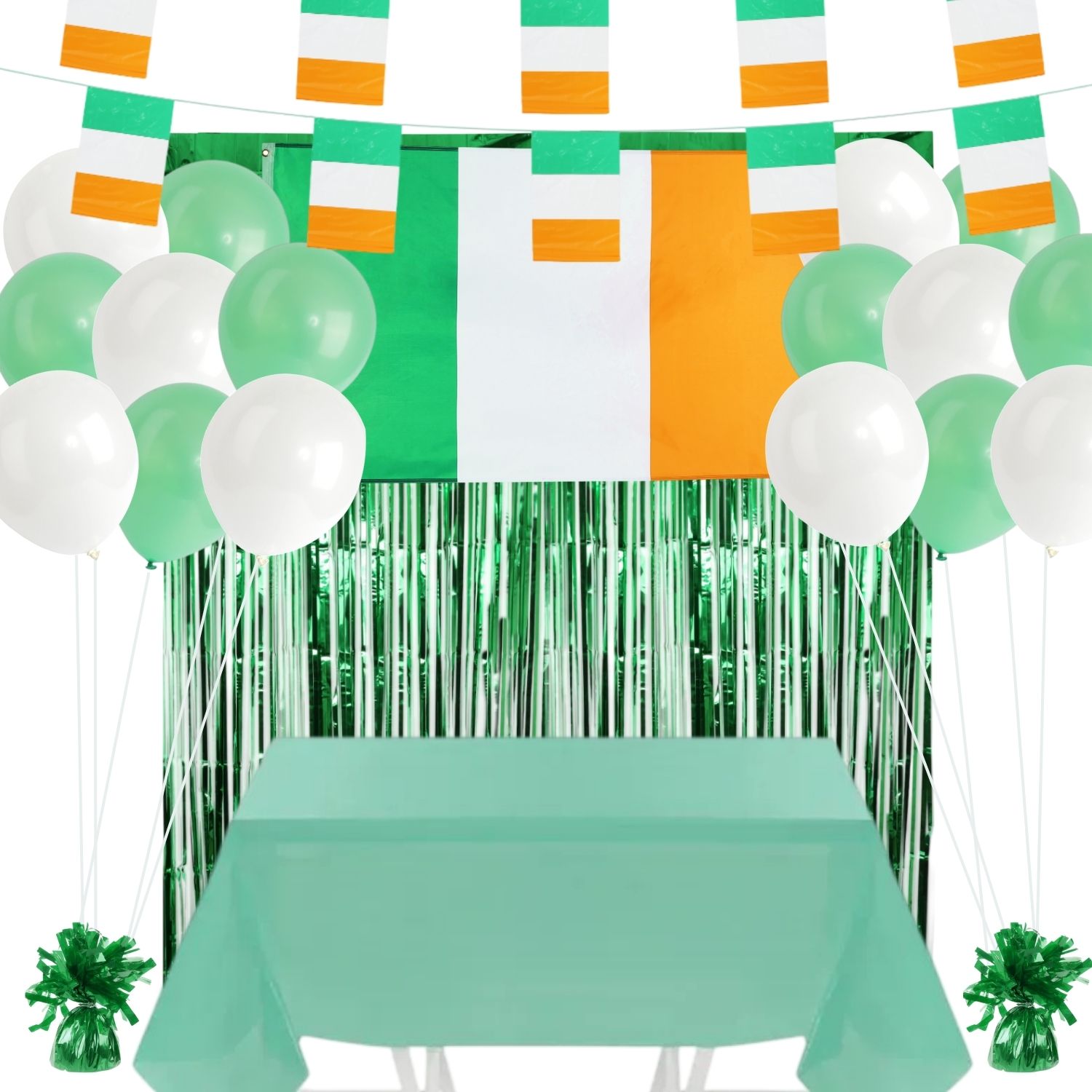St Patricks Day Partyware Bundle | 109 Pcs | Balloons, Ribbon, Table Cloth, Flag, Bunting, Balloon Weights & Door Curtains