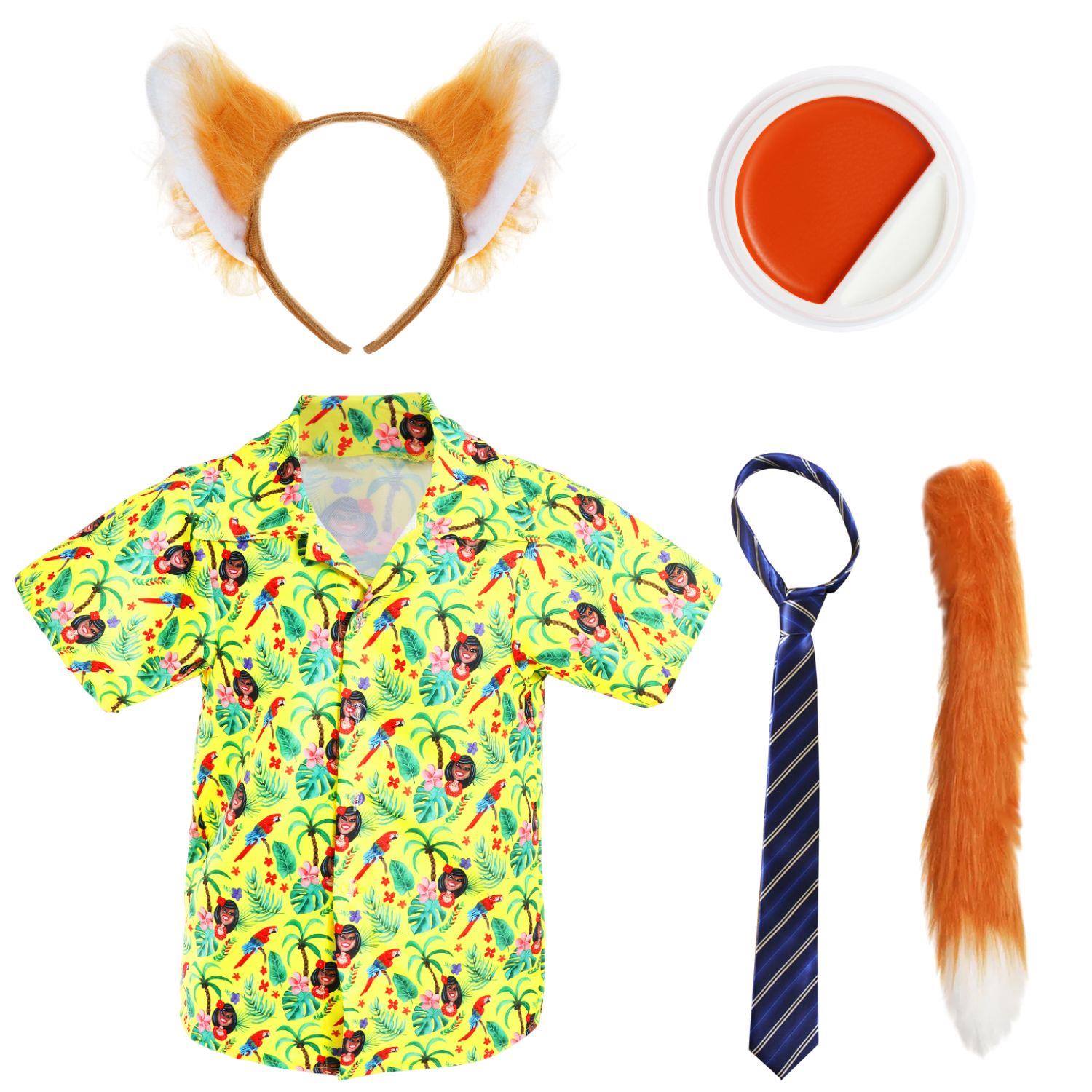 Adults Nick Fox Costume | 5 Pcs | Shirt, Ears, Tie, Thin Tail & Face Paint
