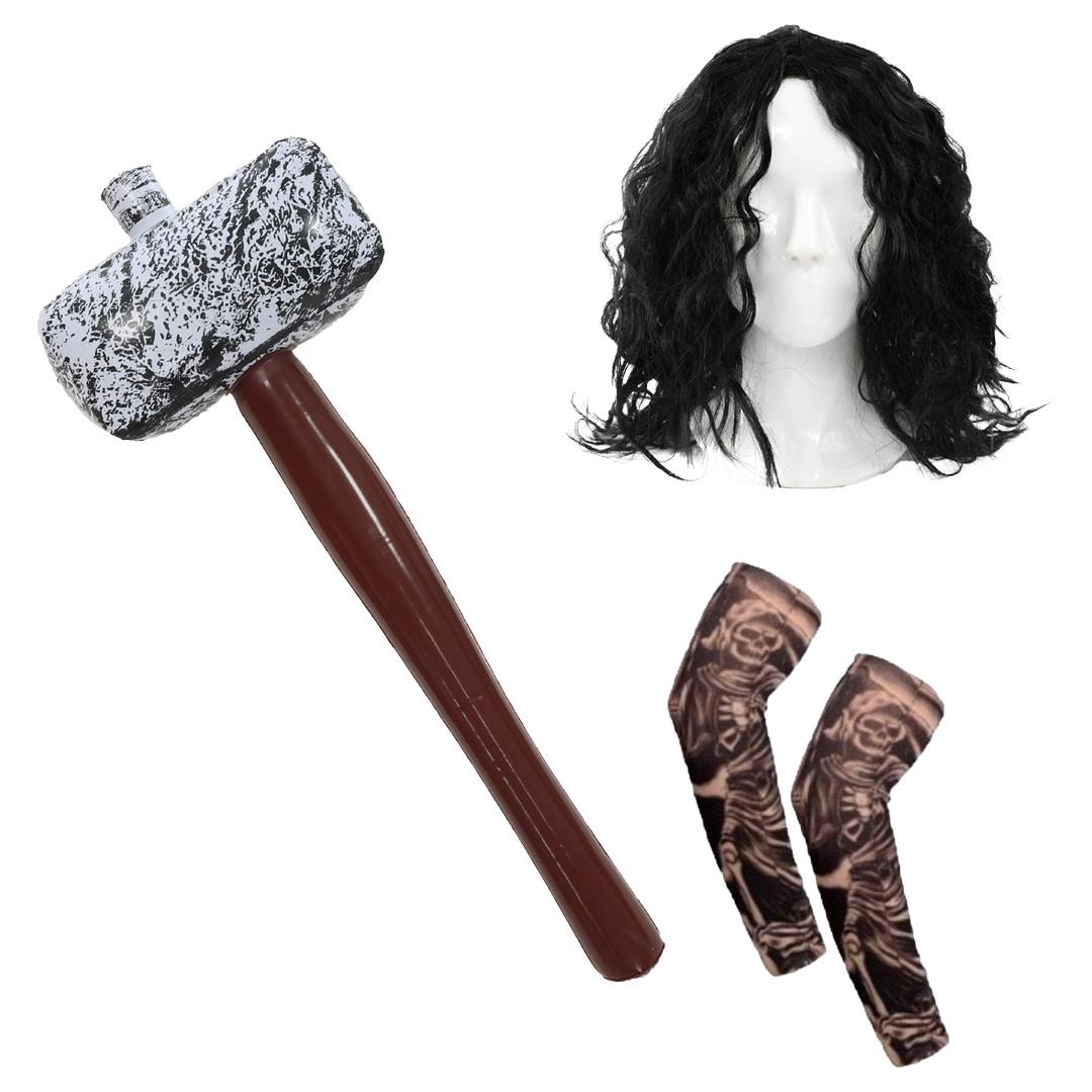 Adults Gladiator Accessory Set | 3 Pcs | Wig, Inflatable Hammer & Tattoo Sleeves