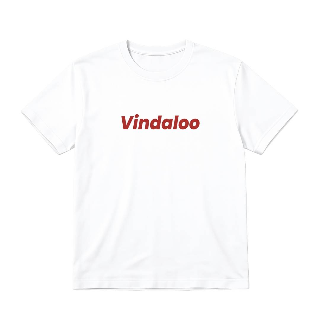 Adults “Vindaloo” Regular Tee | Adults Football Supporter Tee | White Slogan Top with Red Text