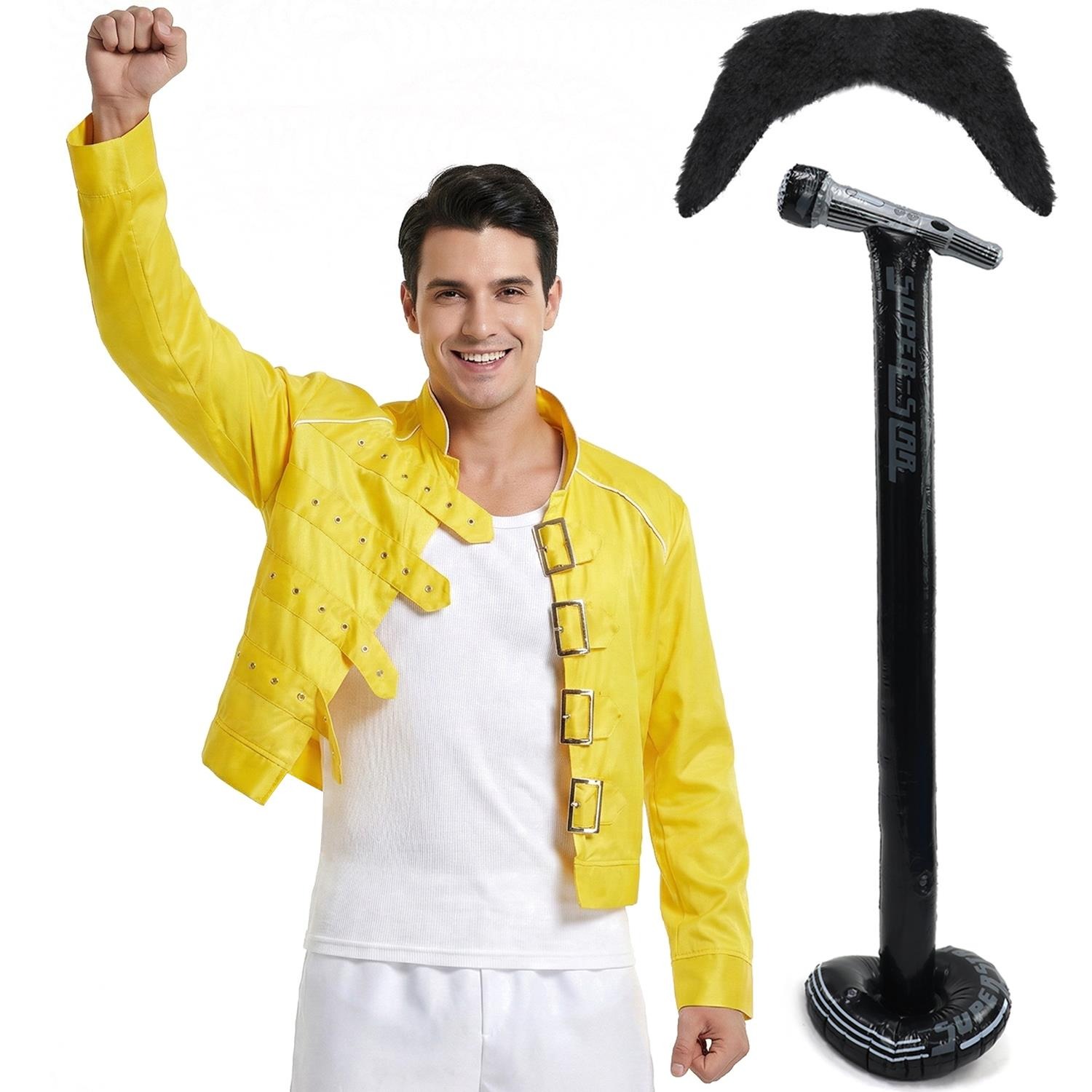 Adults 80's Rock Star Costume | 3 Pcs | Yellow Jacket, Moustache & Inflatable Mic Stand