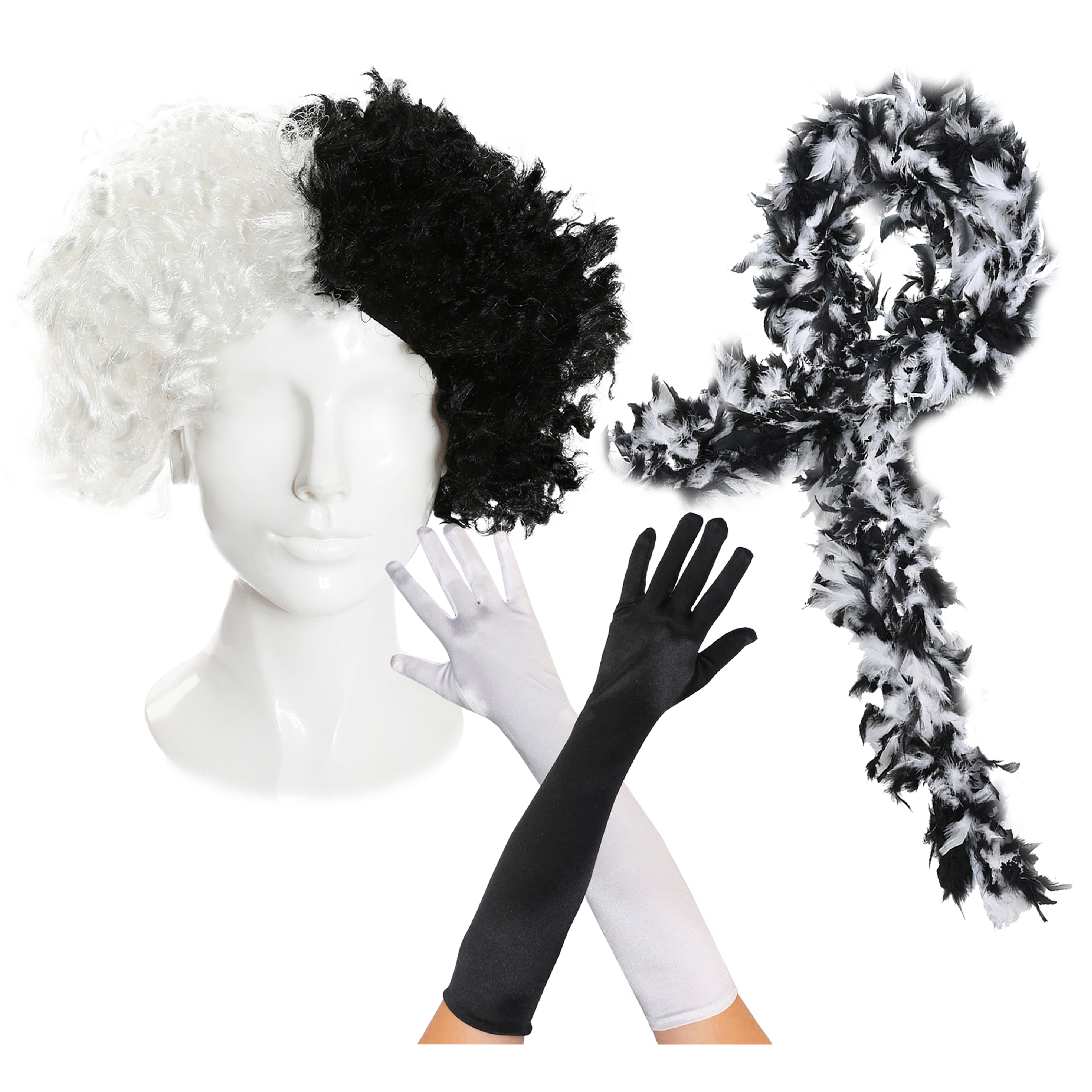 Evil Dog Lady Accessory Set - Crimped Wig, Gloves & Feather Boa