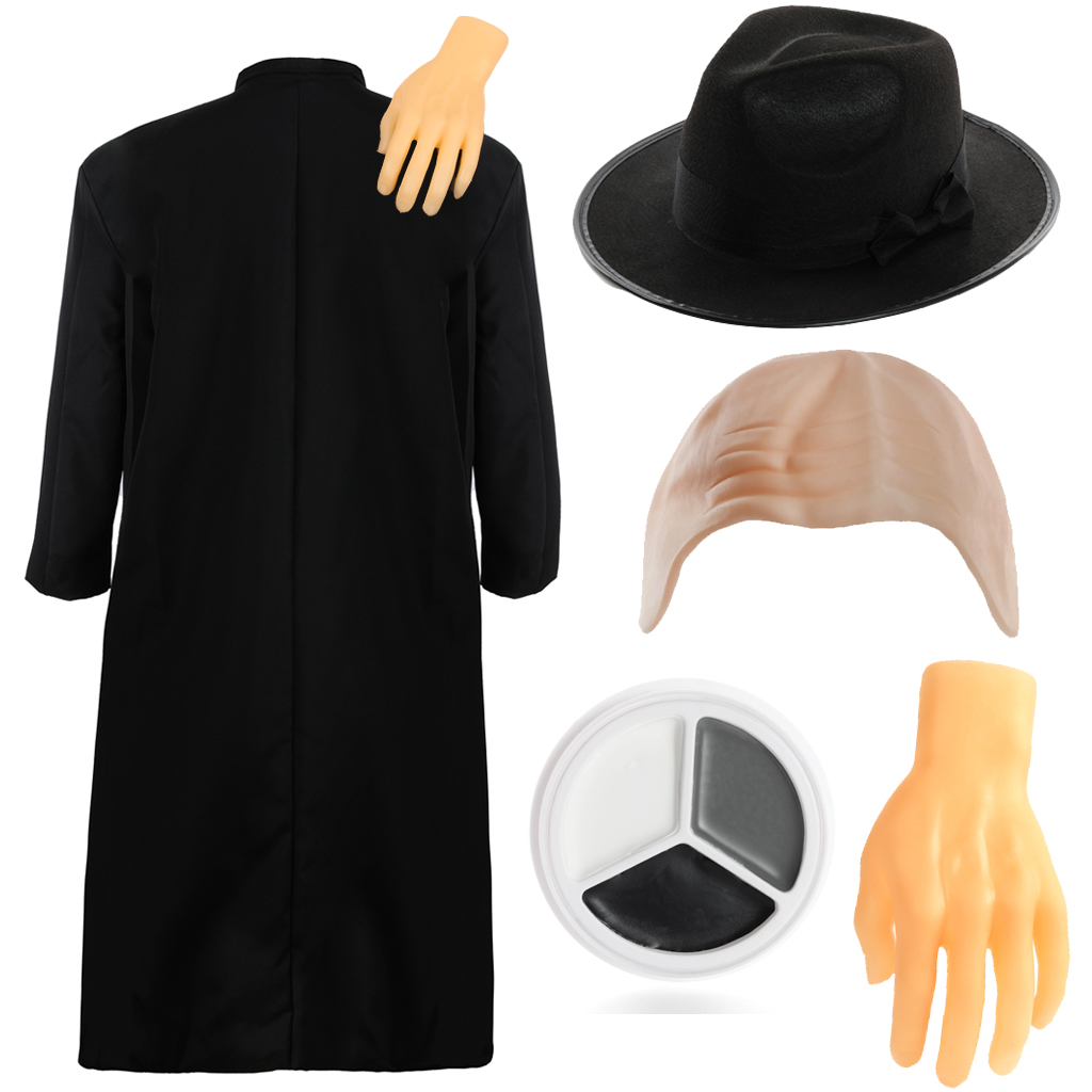Adults Bald Festering Uncle Costume | 5 Pcs | Black Jacket, Hat, Nude Bald Cap, Face Paint & Hand Prop