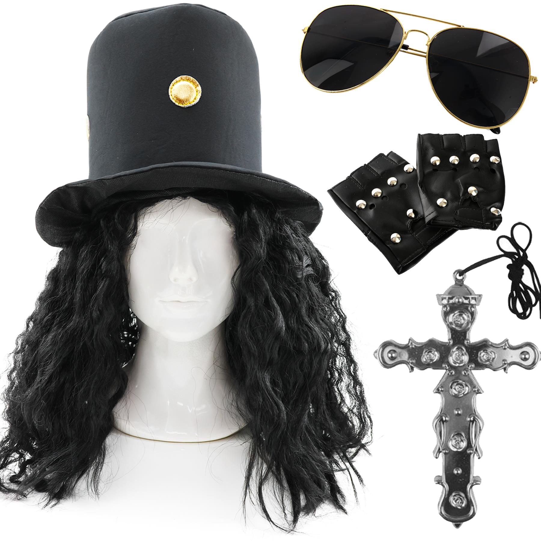Deluxe Adults Guitar Hero Costume Set – Rock Star Hat, Wig, Cross Necklace, Gloves & Glasses