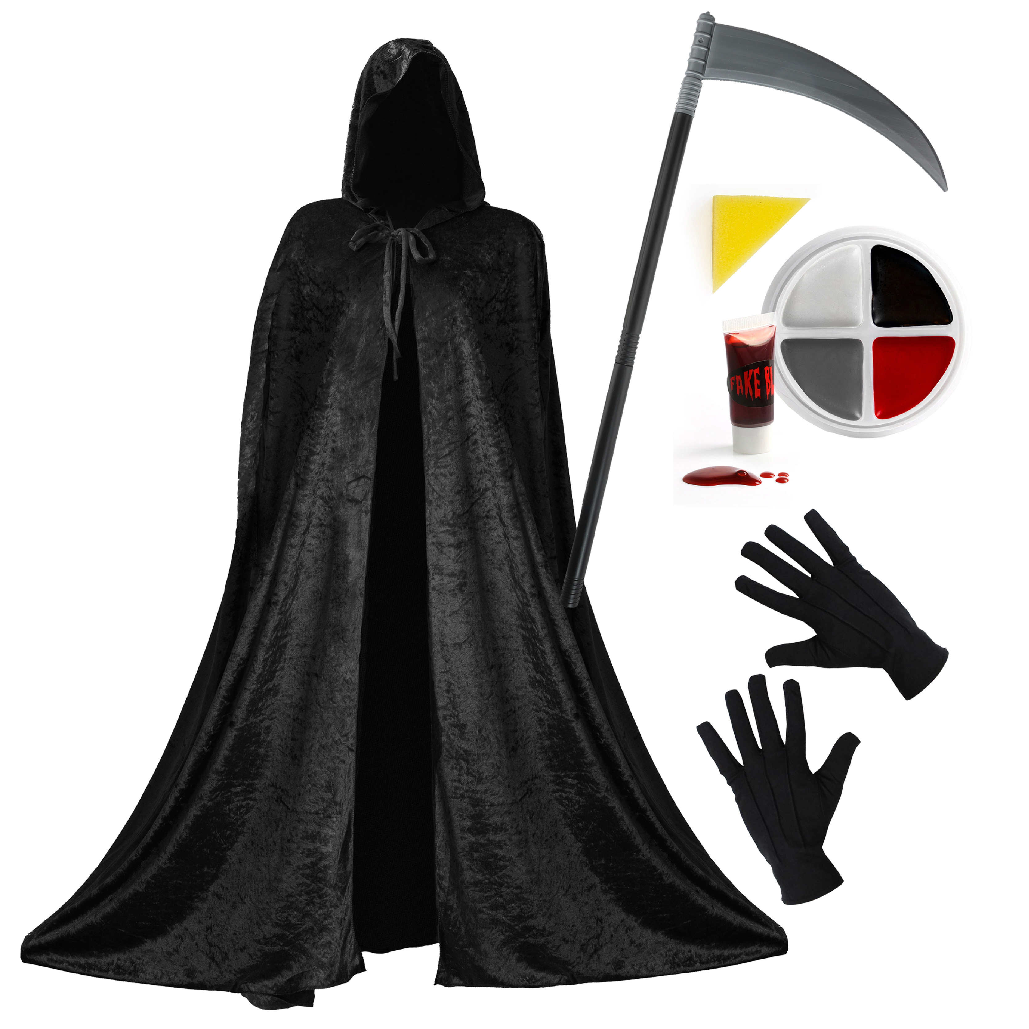 Adults Reaper Costume - Hooded Cape, Scythe, Gloves & Face Paint