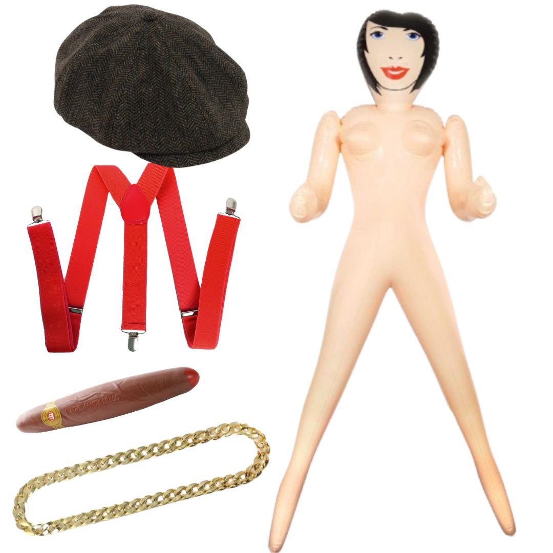 Adults Del Boy Costume | 5 Pcs | Flat Cap, Braces, Inflatable Doll, Cigar & Chain