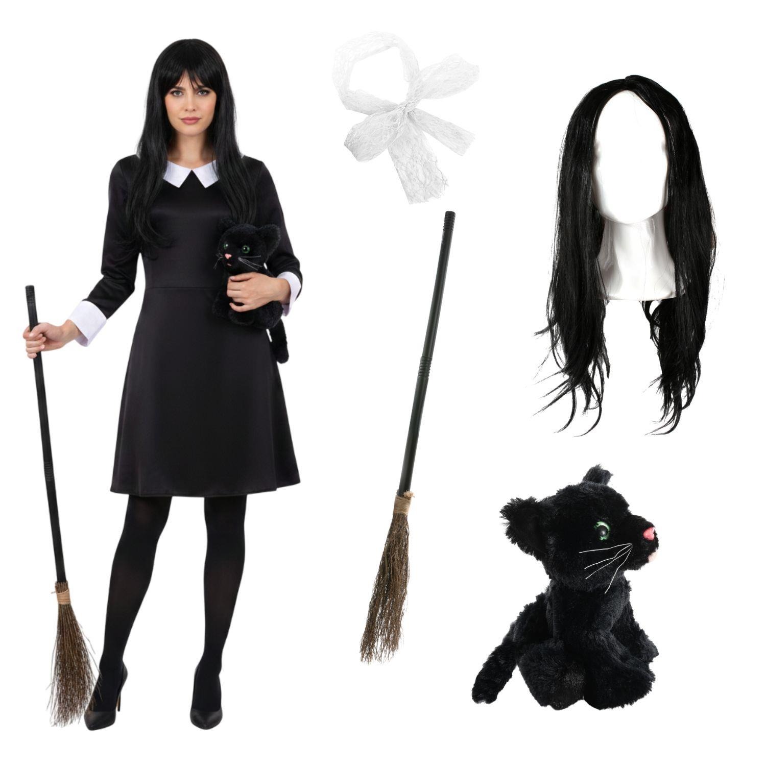 Ladies Hooky Witch Costume | 5 Pcs | Collared Dress, Broom, Cat Toy, Wig & Hair Bow