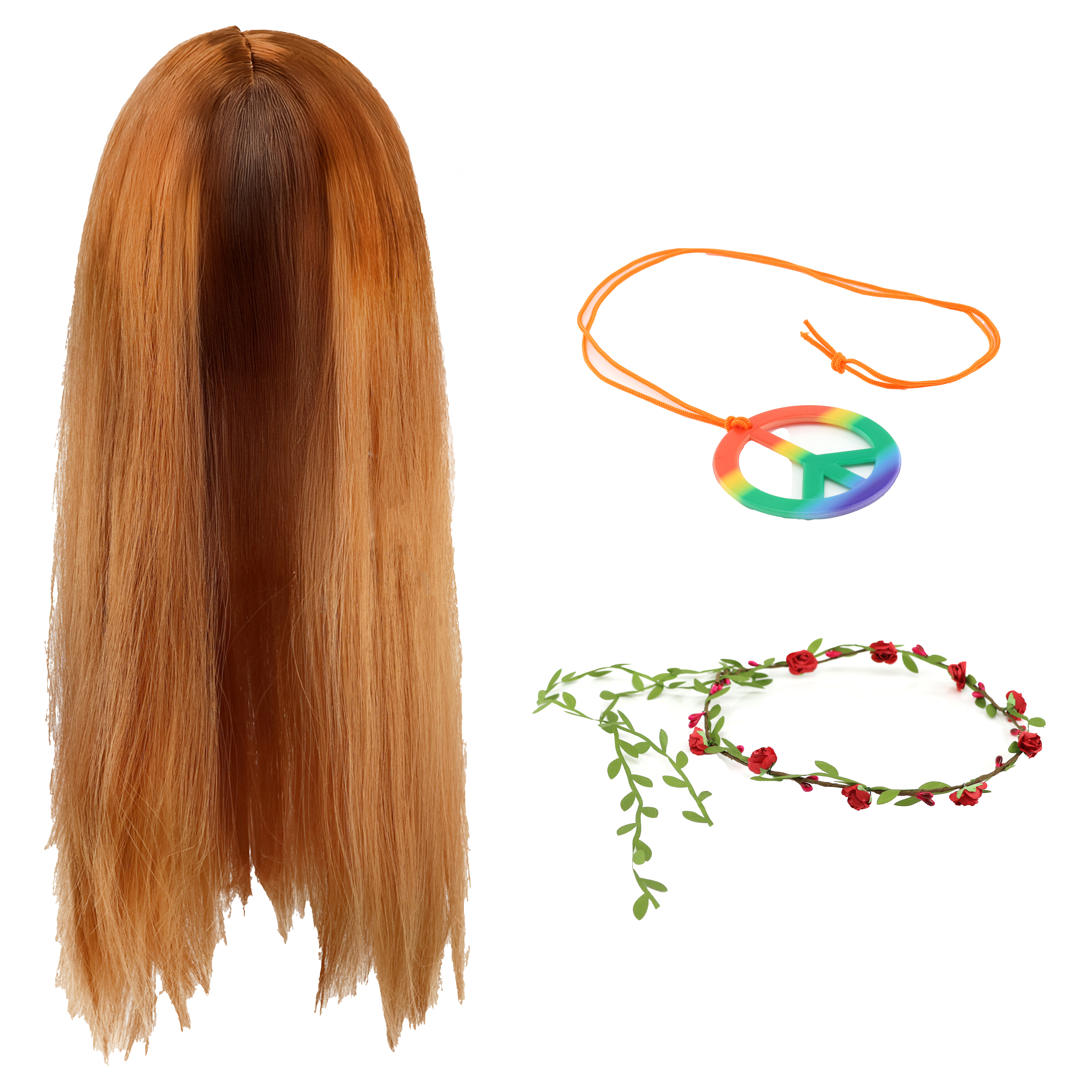 Hippy Accessory Set – Wig, Rainbow Peace Necklace & Red Flower Headband