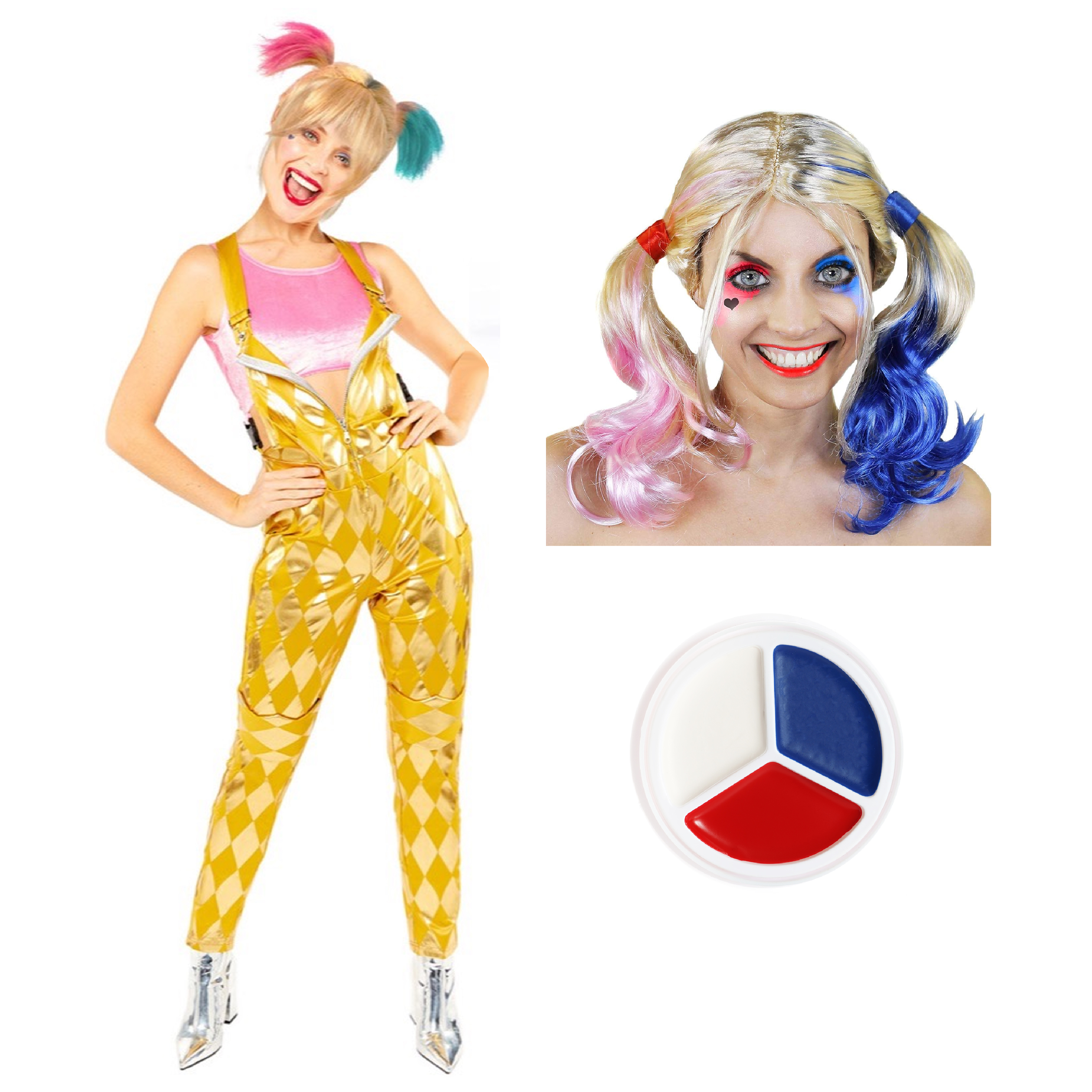 Official Warner Bros DC Comics Licensed Harley Quinn Booby Trapped Fancy Dress Costume with Wig & Face Paint