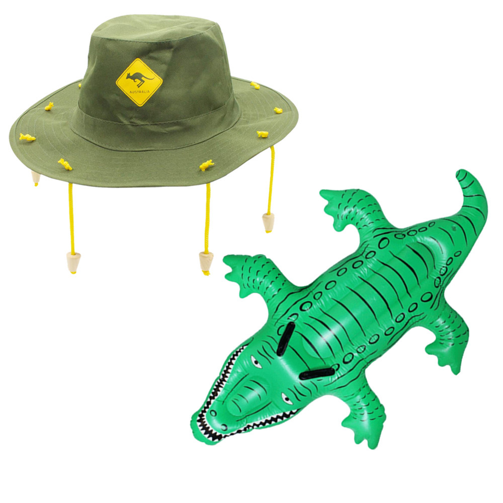 Australian Cork Hat + Inflatable Crocodile