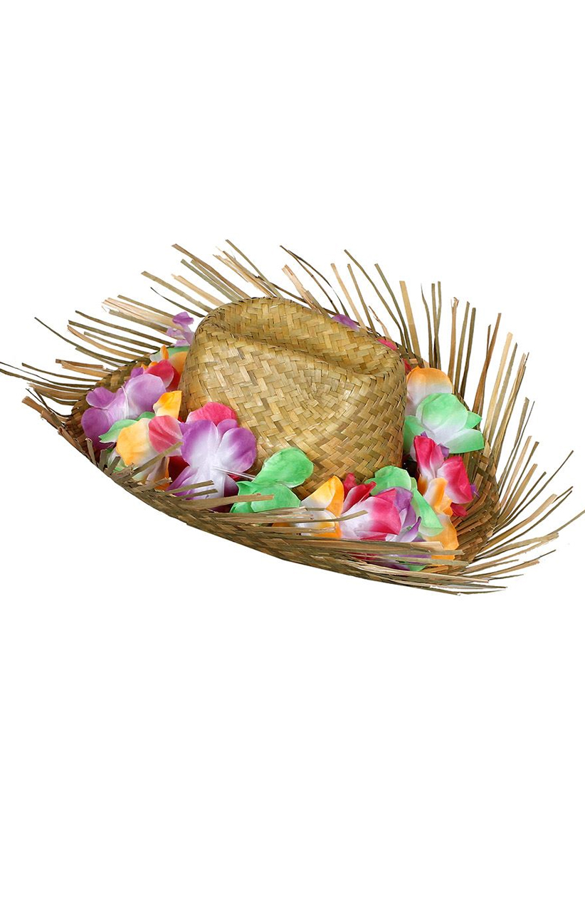 Straw Beachcomber with attached Multicoloured Lei