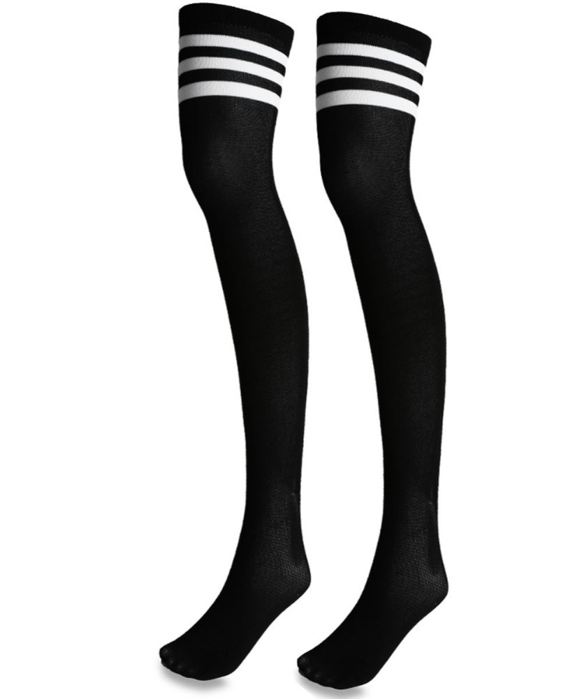 Black Long Sport Socks with White Stripes