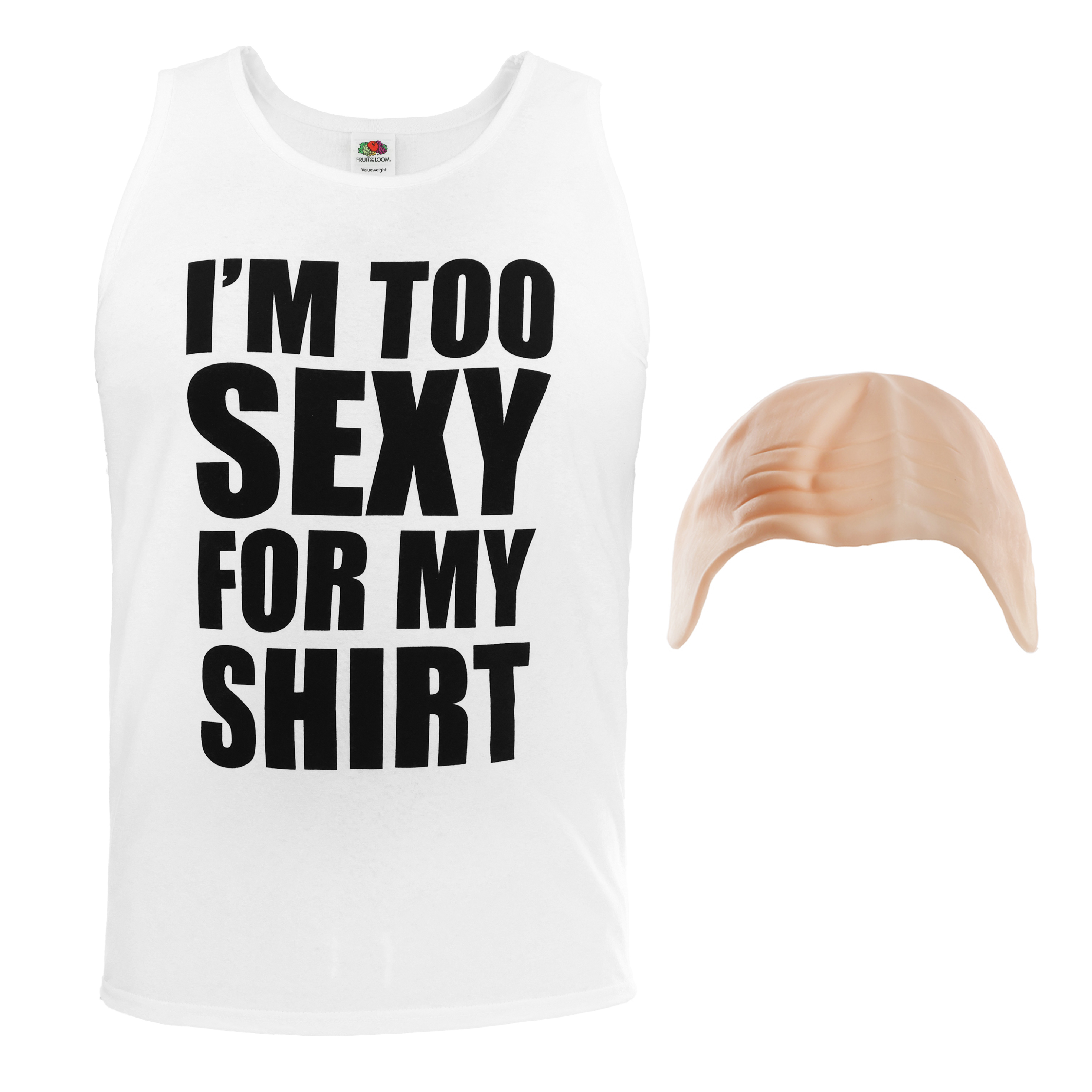 "I'm too sexy for my shirt" costume – white vest with black print & bald cap (adults)