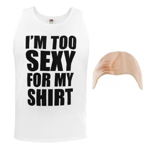 "I'm too sexy for my shirt" costume – white vest with black print & bald cap (adults)