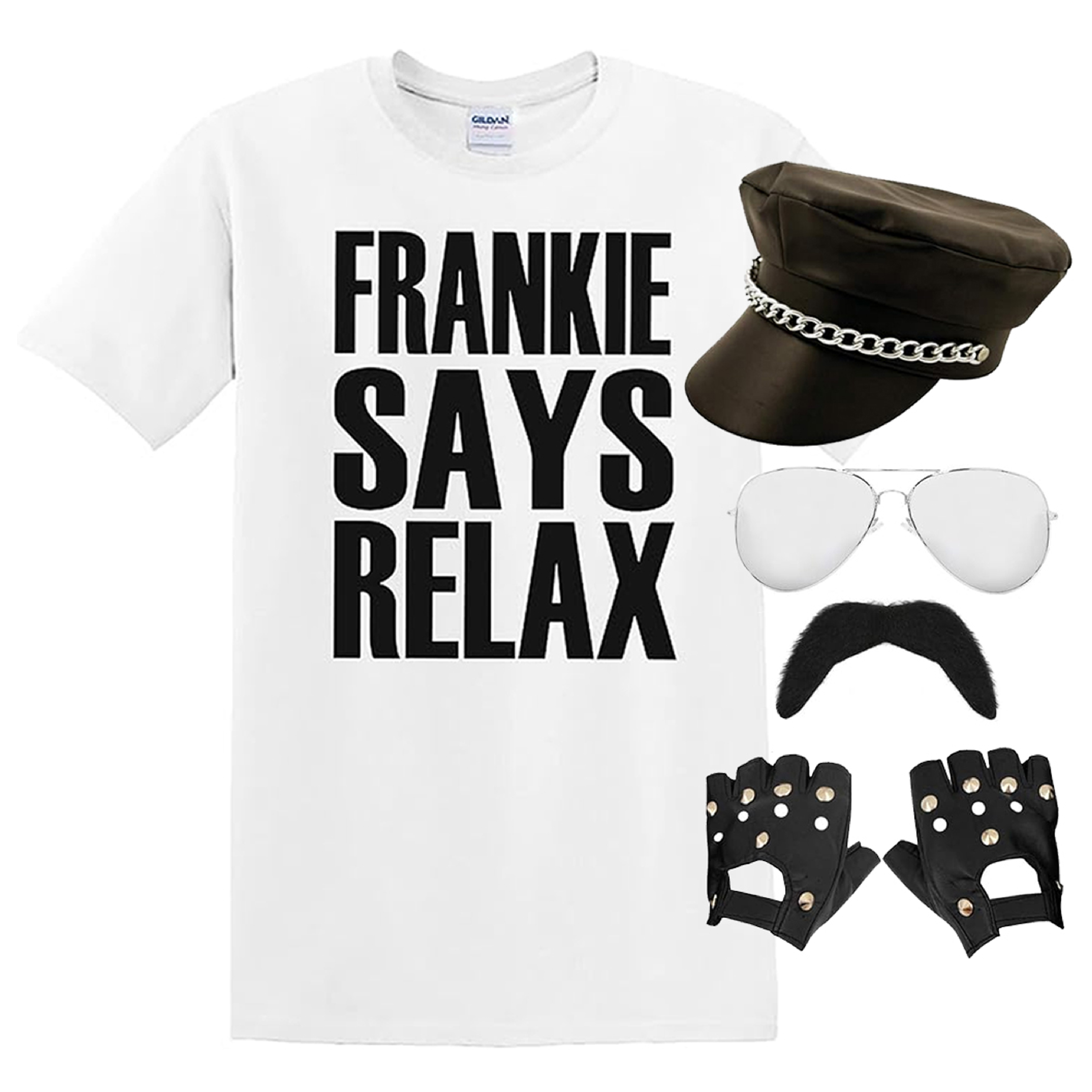 Adults 1980's Pop Star Costume – "Frankie Says Relax" Bold Slogan Tee, Hat, Tash, Glasses & Gloves