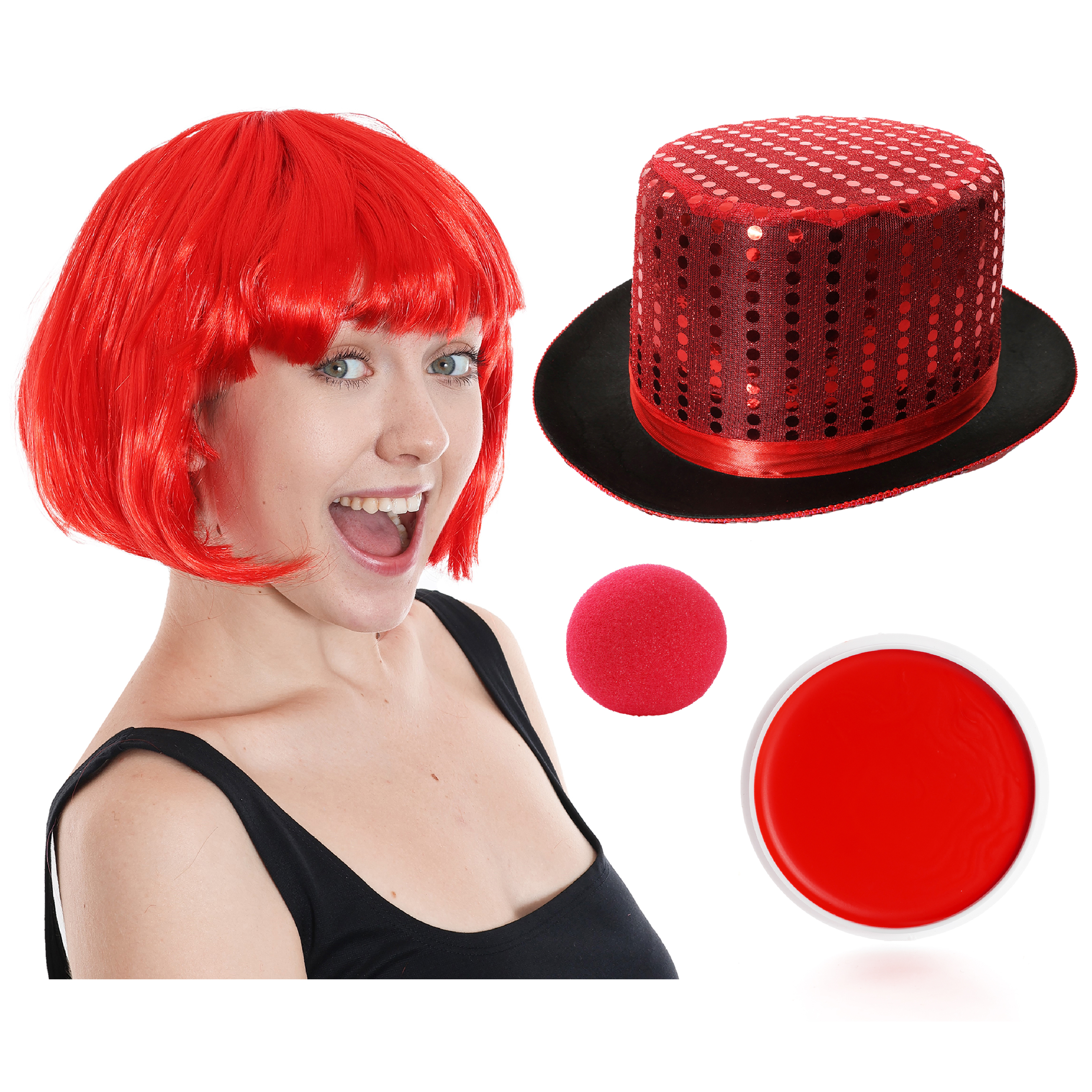 Red Nose, Sequin Top Hat, Bob Wig & Face Paint
