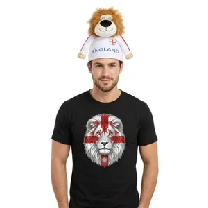 Adults England St George Flag Lion Face T-Shirt & Lion Hat Set | Black Patriotic Football Fan Shirt | Red Cross Graphic Supporter Top