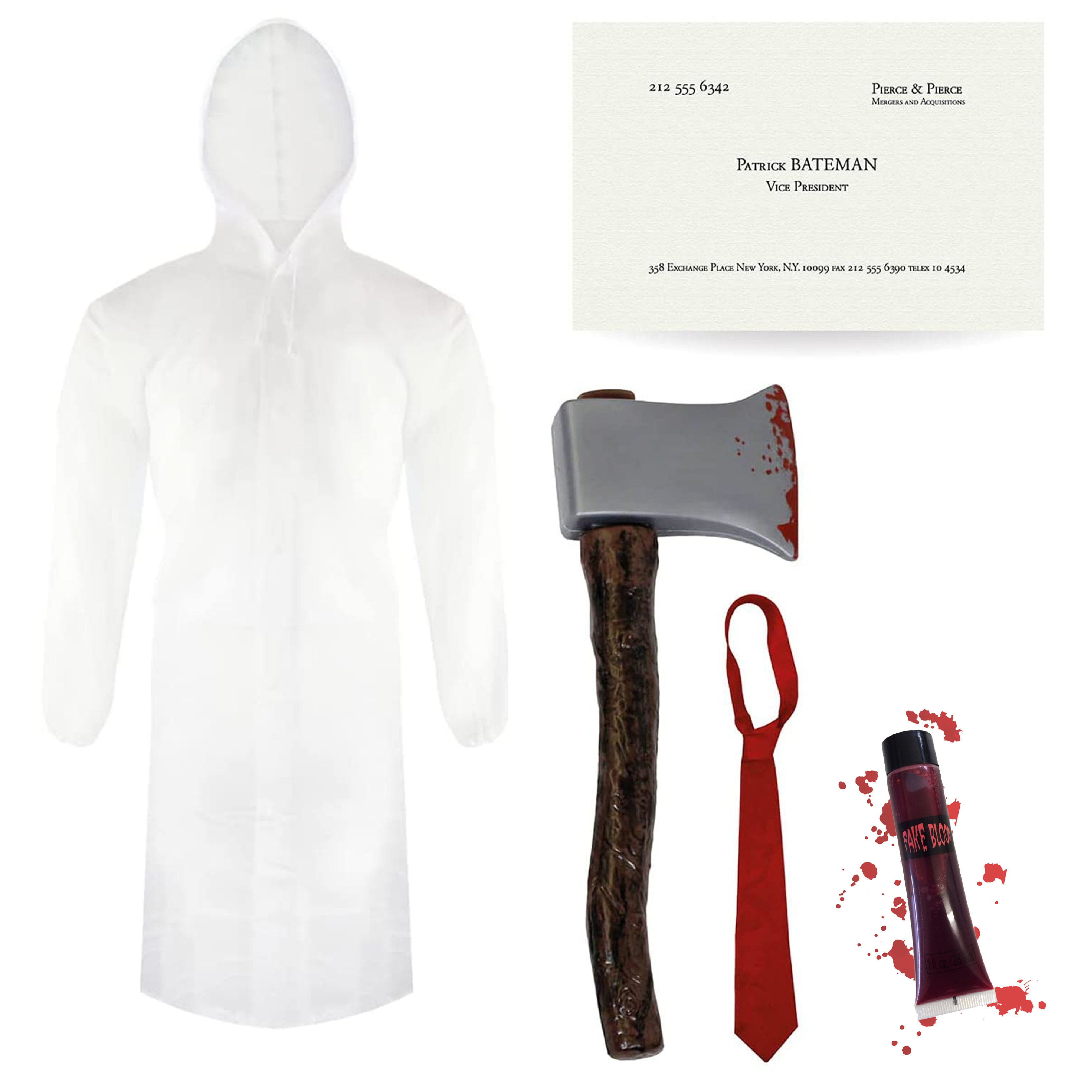 Adults Patrick Bateman Costume | 5 Pcs | Clear Jacket, Axe, Red Tie, Blood & Business Card