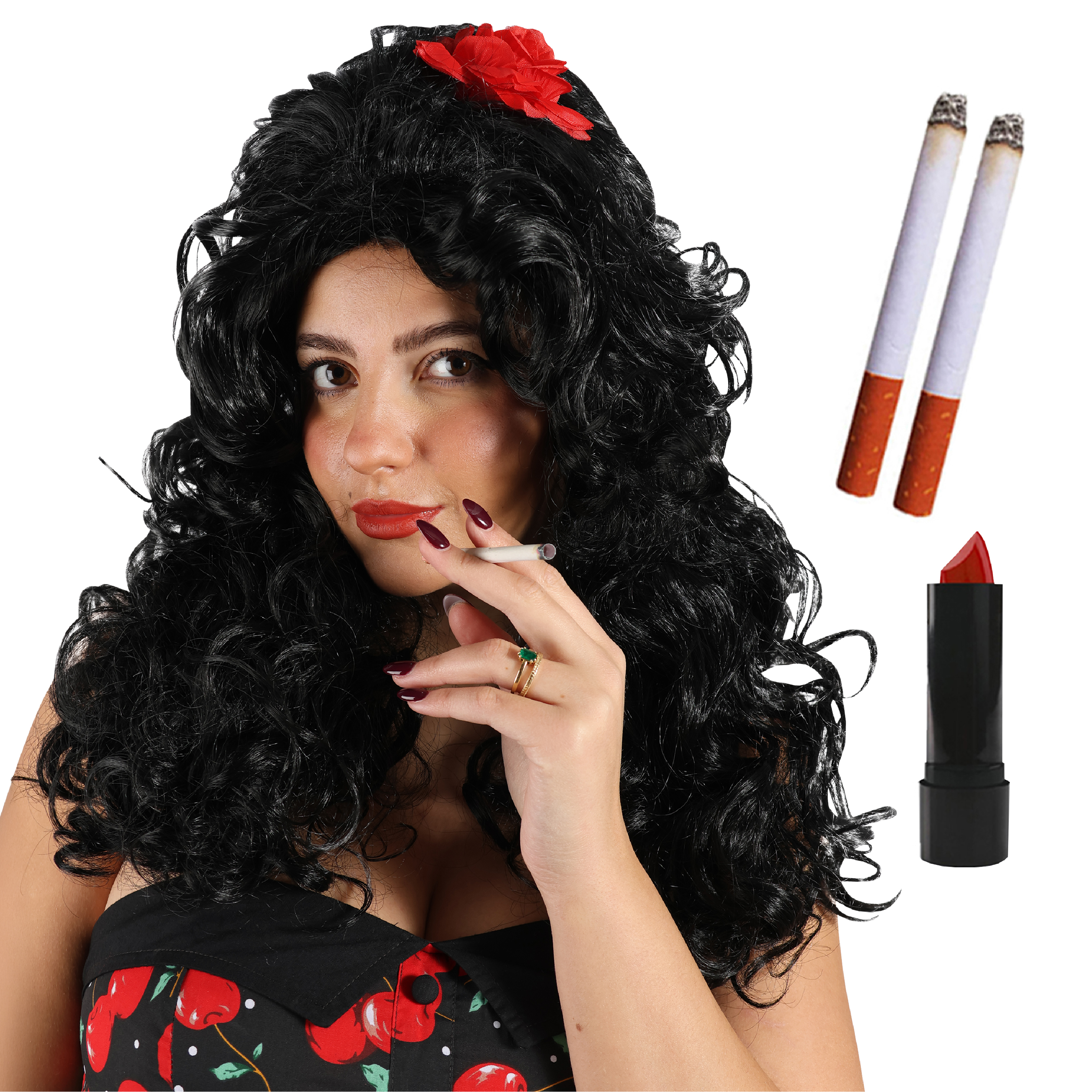 2000's Singer Accessory Set - Beehive Wig, Red Lipstick & Fake Cigarettes