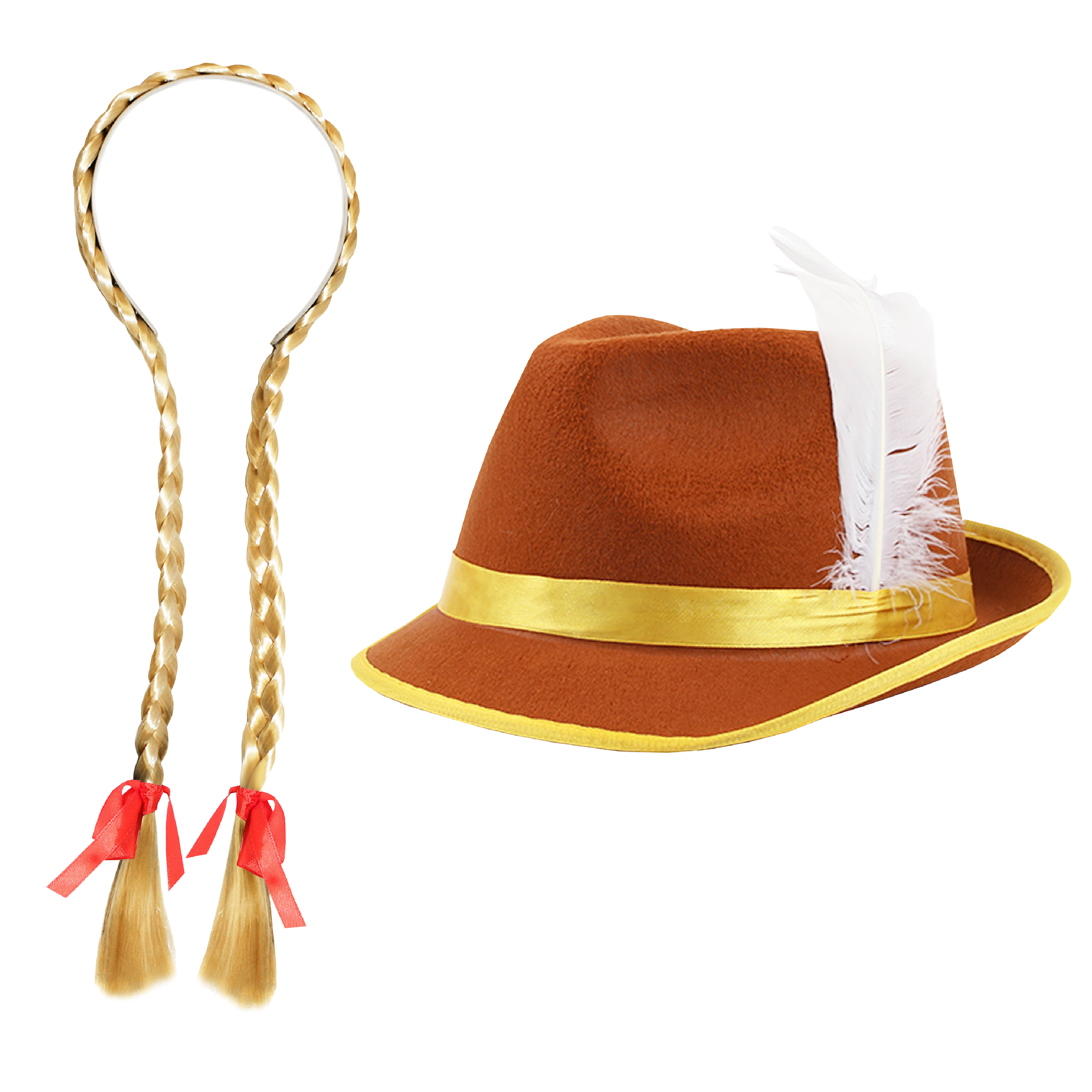 Brown Bavarian Hat and Red Bow Plaits