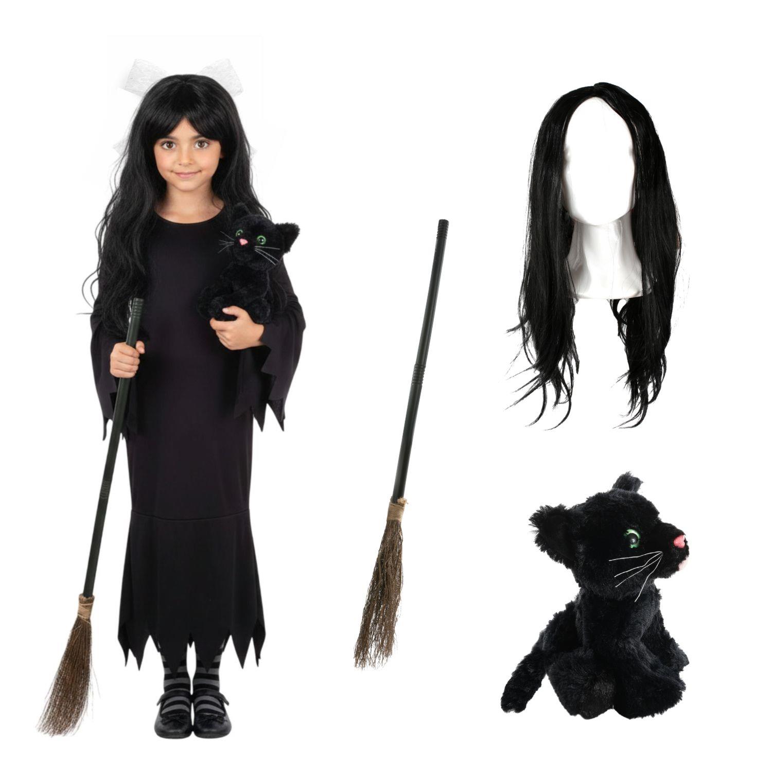 Girls Hooky Witch Costume | 4 Pcs | Dress, Broom, Cat Toy & Wig