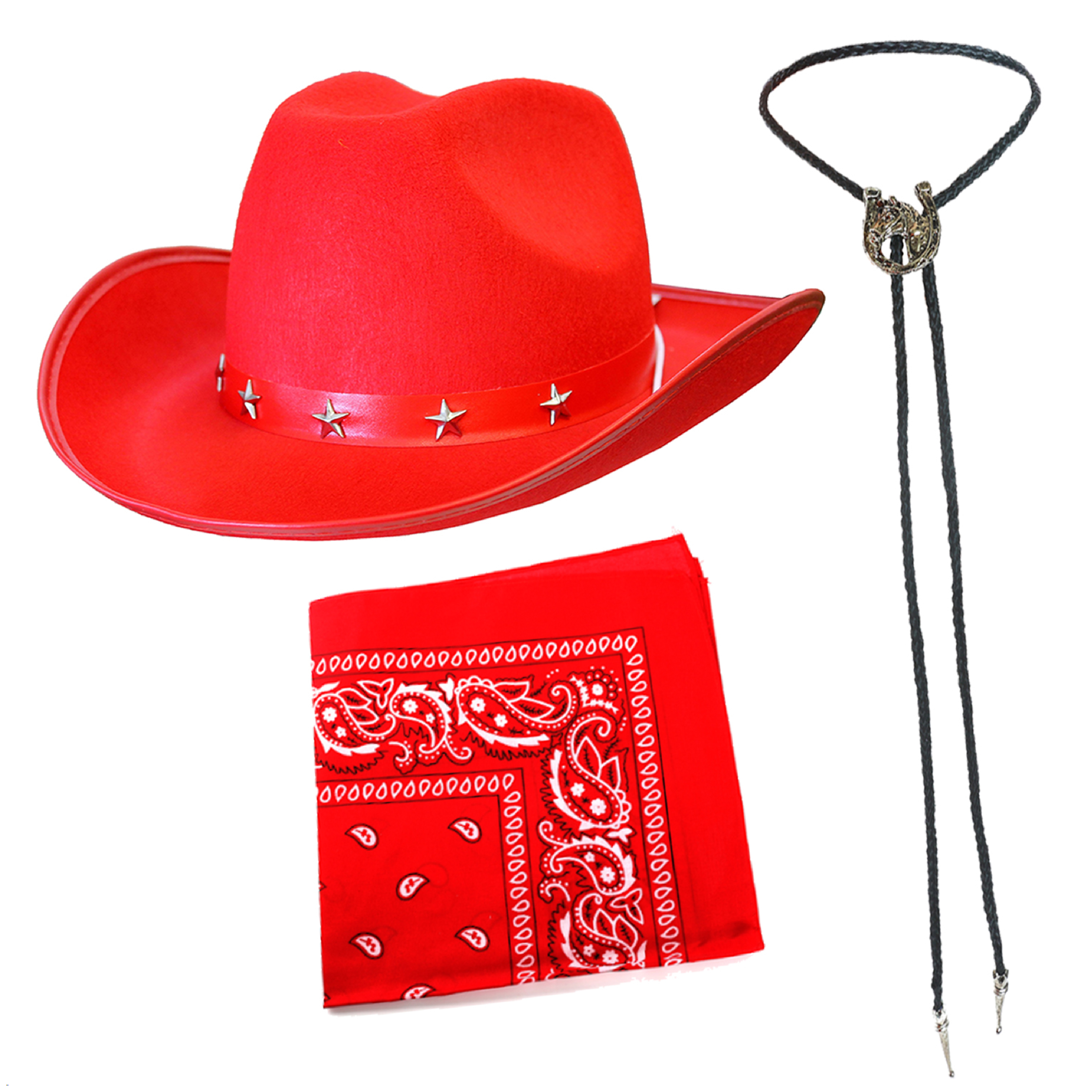 Red Star Studded Cowboy Hat with Bandana & Tie