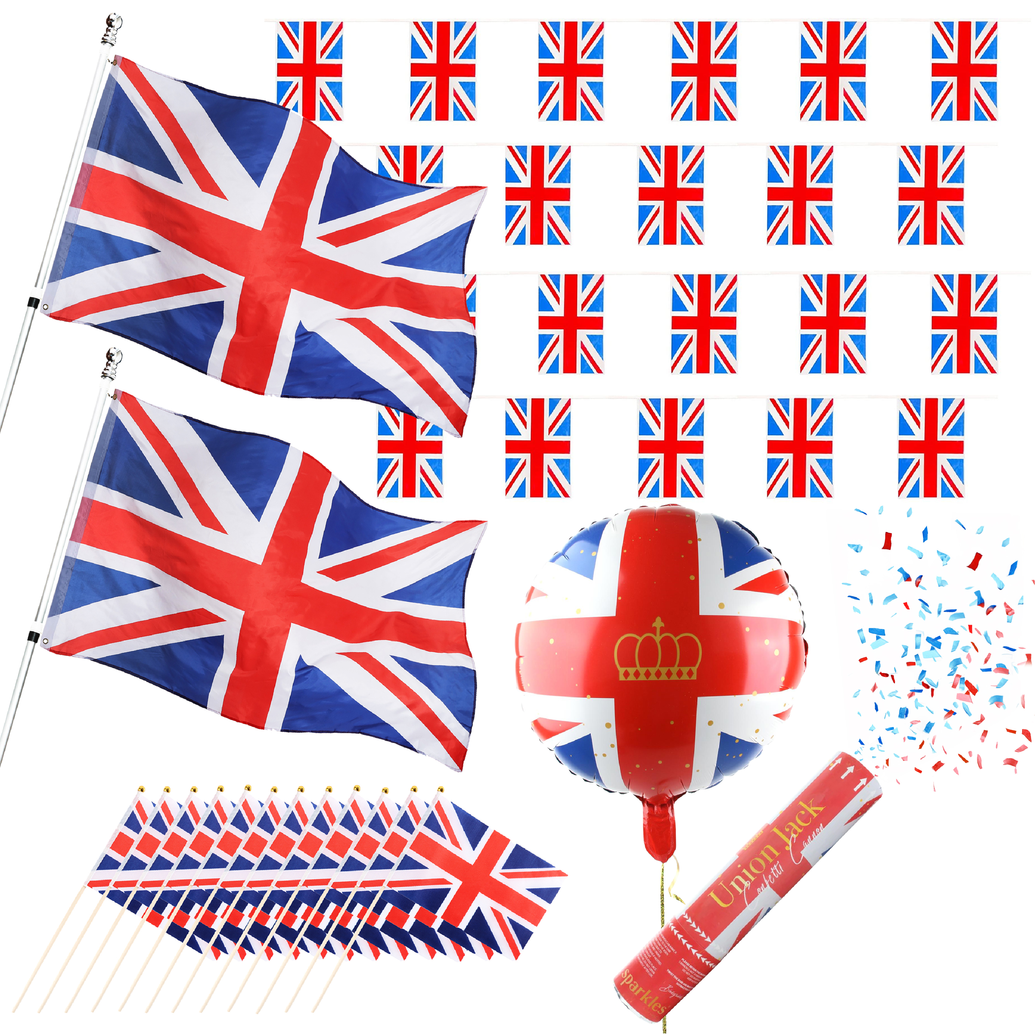 Union Jack Decor Bundle Set – Bunting, Flags, Balloon & Confetti for British Events