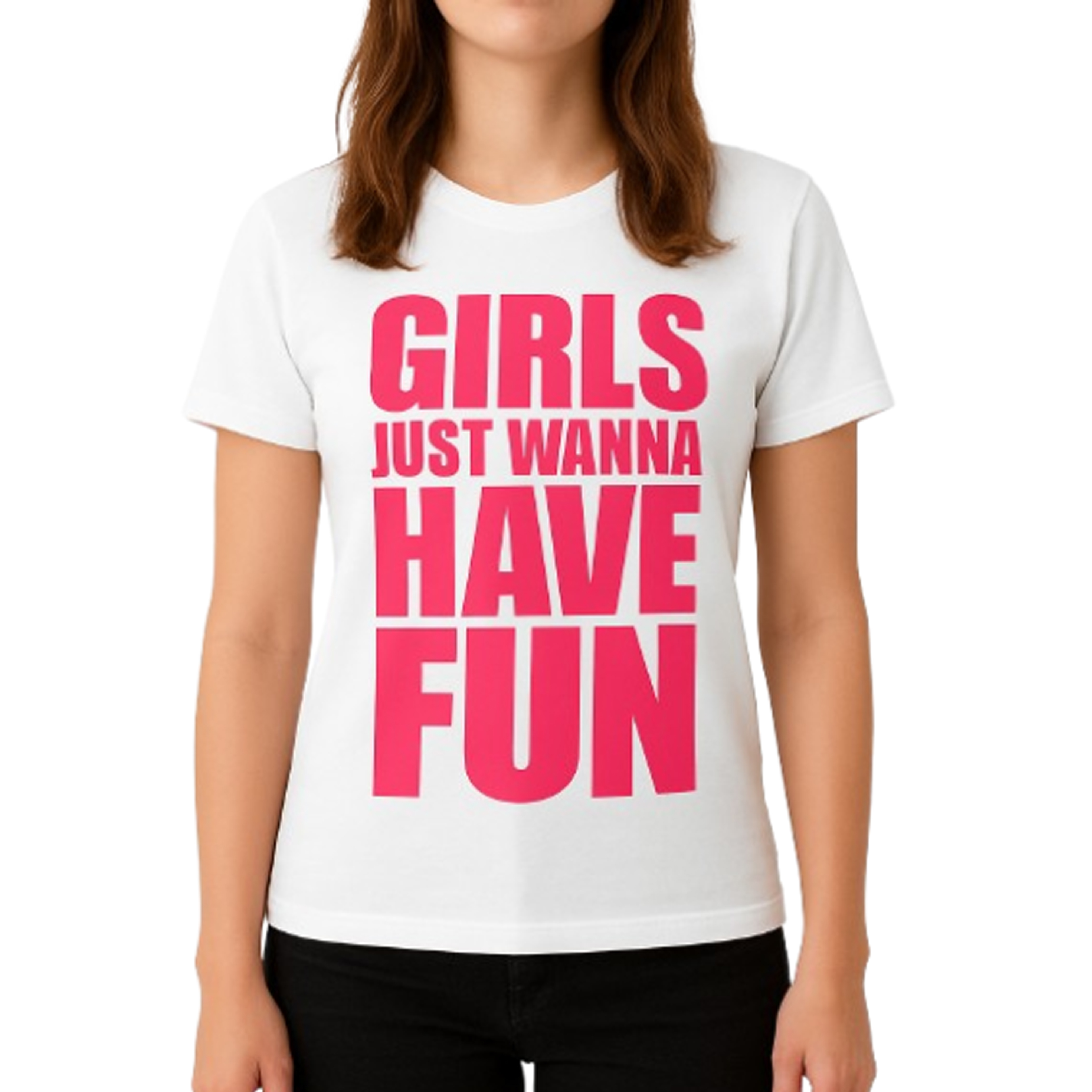 Ladies “Girls Wanna Have Fun” T-Shirt – White with Bright Pink Lettering